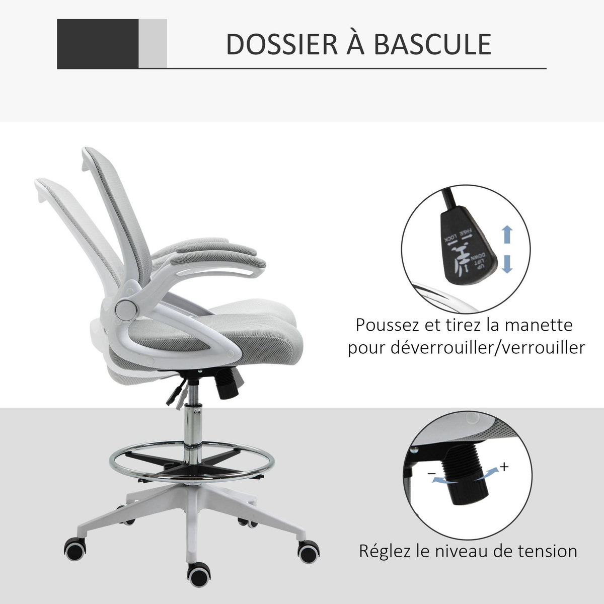 HOMCOM Fauteuil de bureau chaise de bureau assise haute réglable dim. 64L x 60l x 106-126H cm pivotant 360° maille respirante gris
