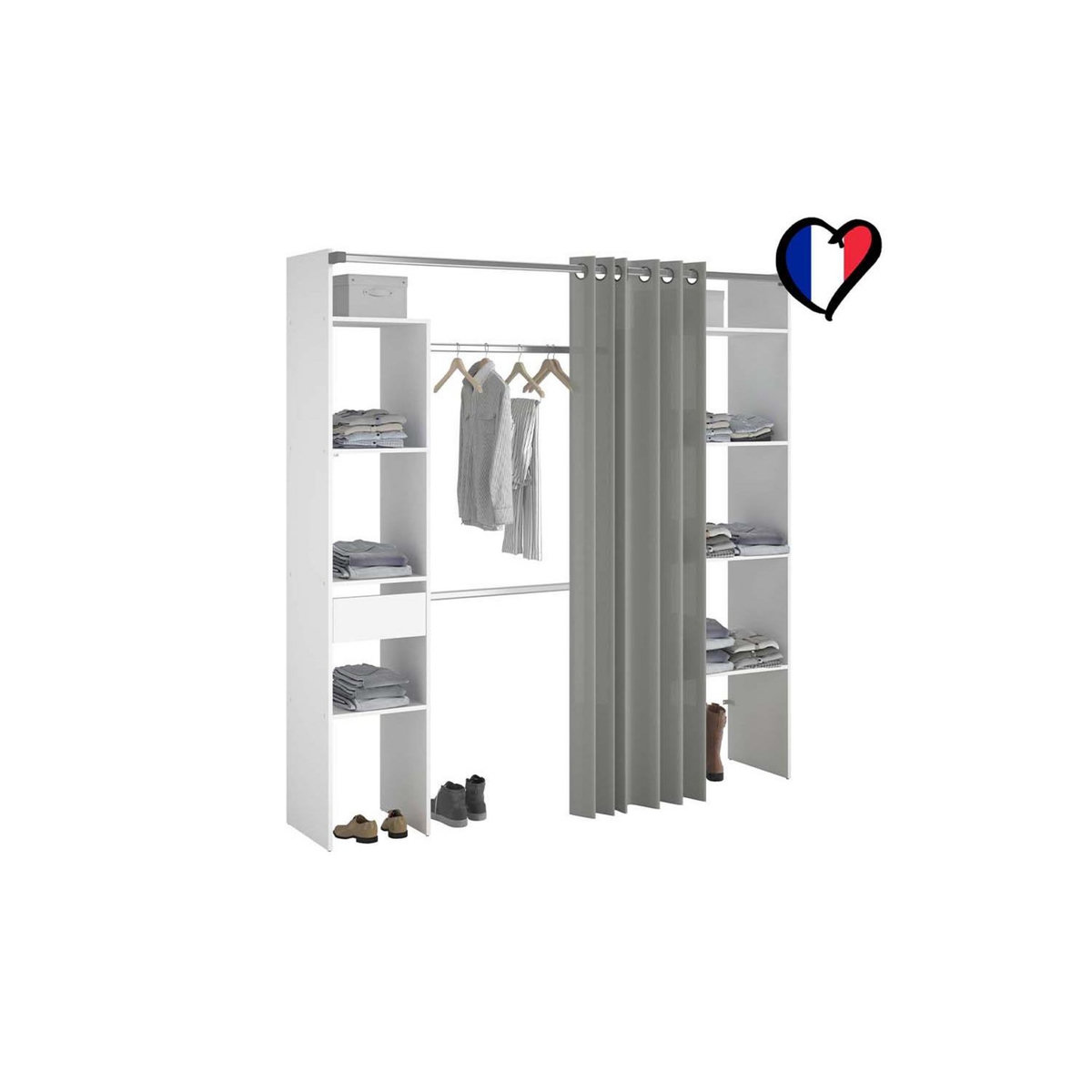 CONCEPT USINE Dressing blanc avec rideau gris 2 penderies, 6 étagères un tiroir ELYSEE