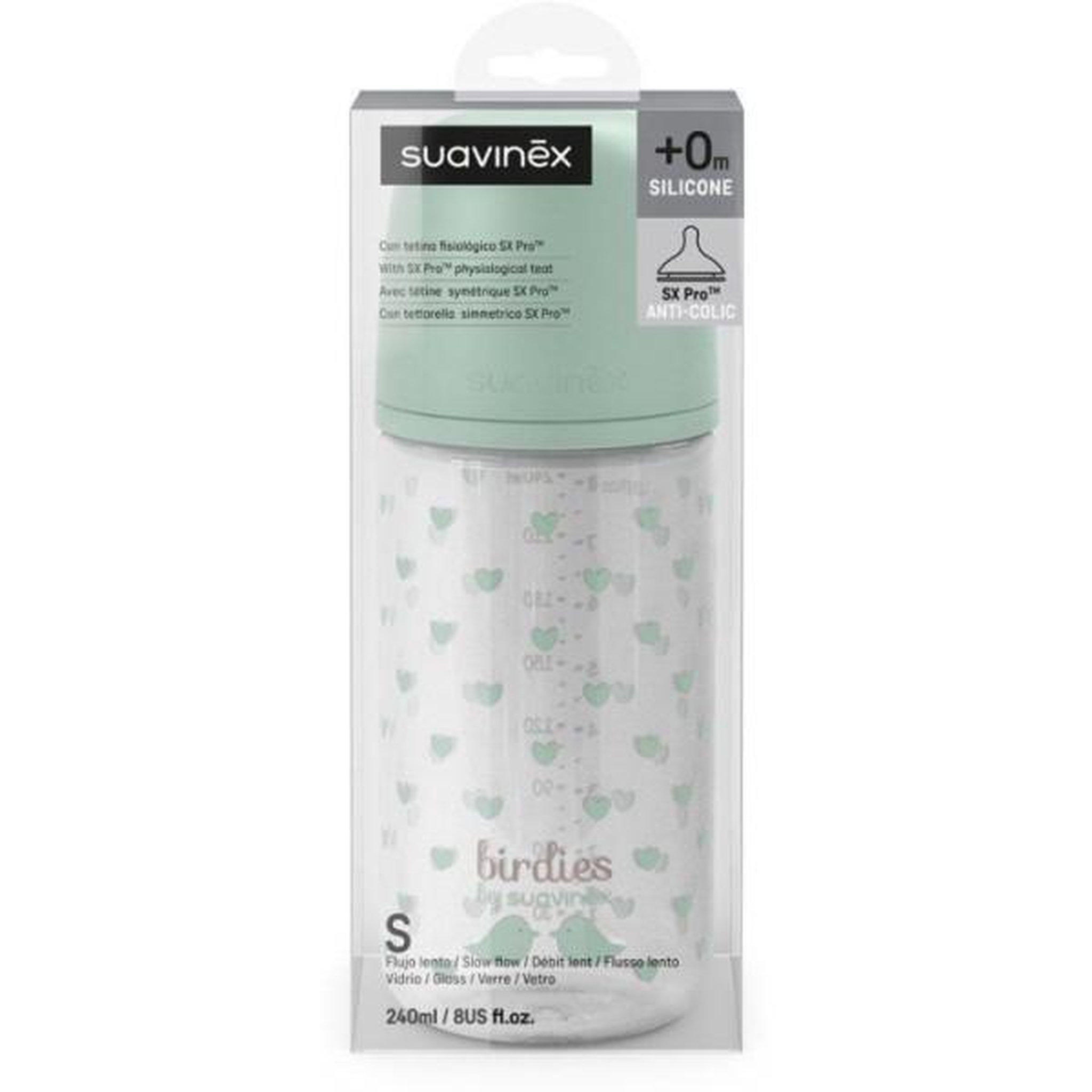Voir la diapositive 3 : Suavinex Biberon verre - suavinex - birdies - tétine sx pro s - 240 ml - 3 a 6 mois- vert