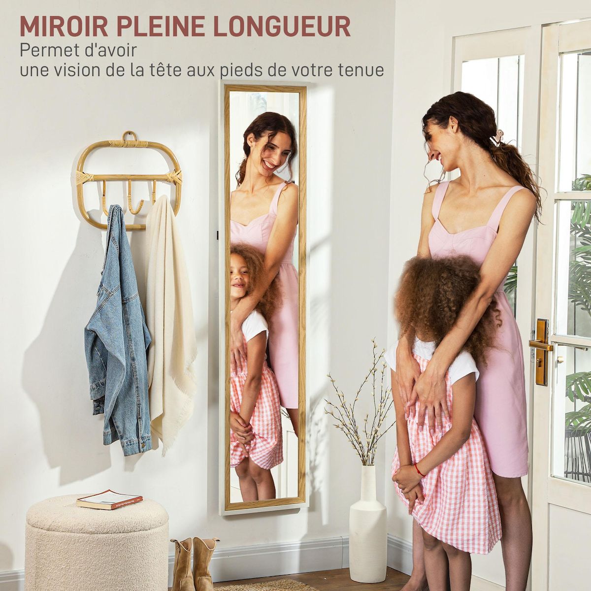 HOMCOM Miroir sur pied et mural design pleine longueur 37 x 157 cm cadre bicolore effet bois clair blanc