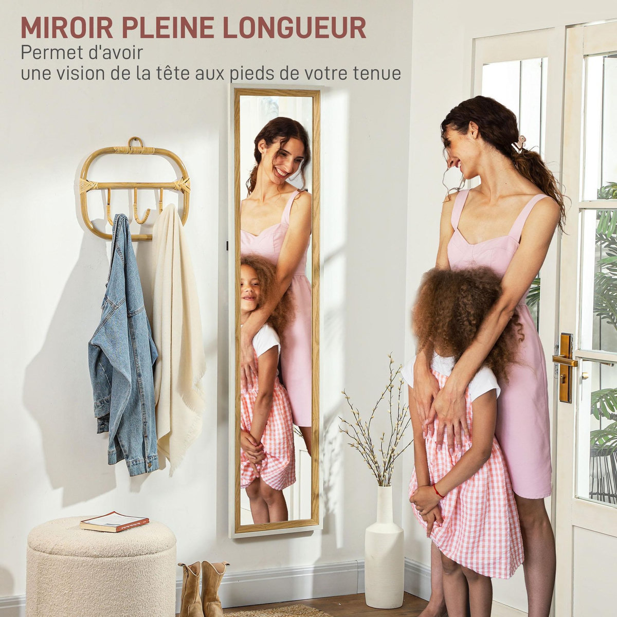 HOMCOM Miroir sur pied et mural design pleine longueur 37 x 157 cm cadre bicolore effet bois clair blanc