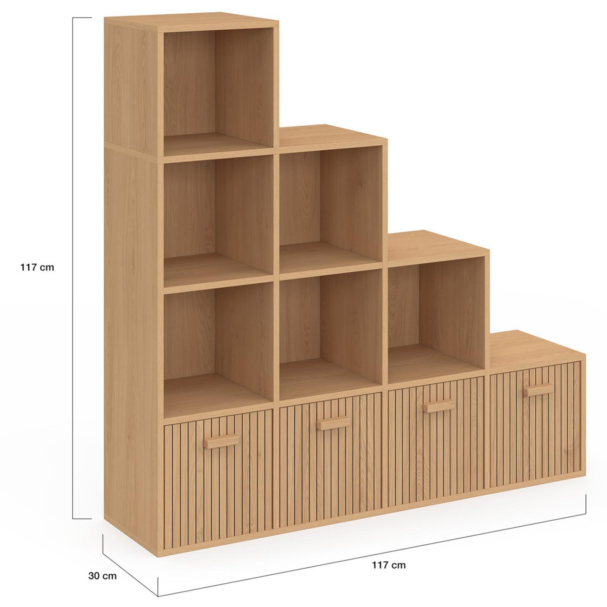 Voir la diapositive 5 : ID MARKET Meuble de rangement en escalier lorys 4 niveaux effet lattes juliette avec 4 tiroirs en tissu