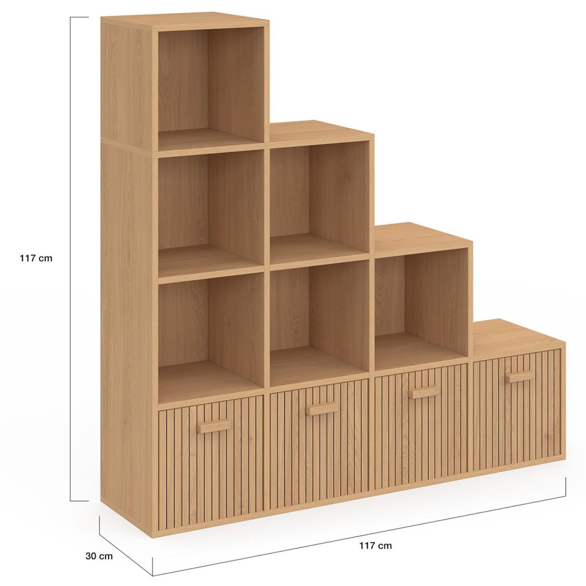 ID MARKET Meuble de rangement en escalier LORYS 4 niveaux effet lattes JULIETTE avec 4 tiroirs en tissu