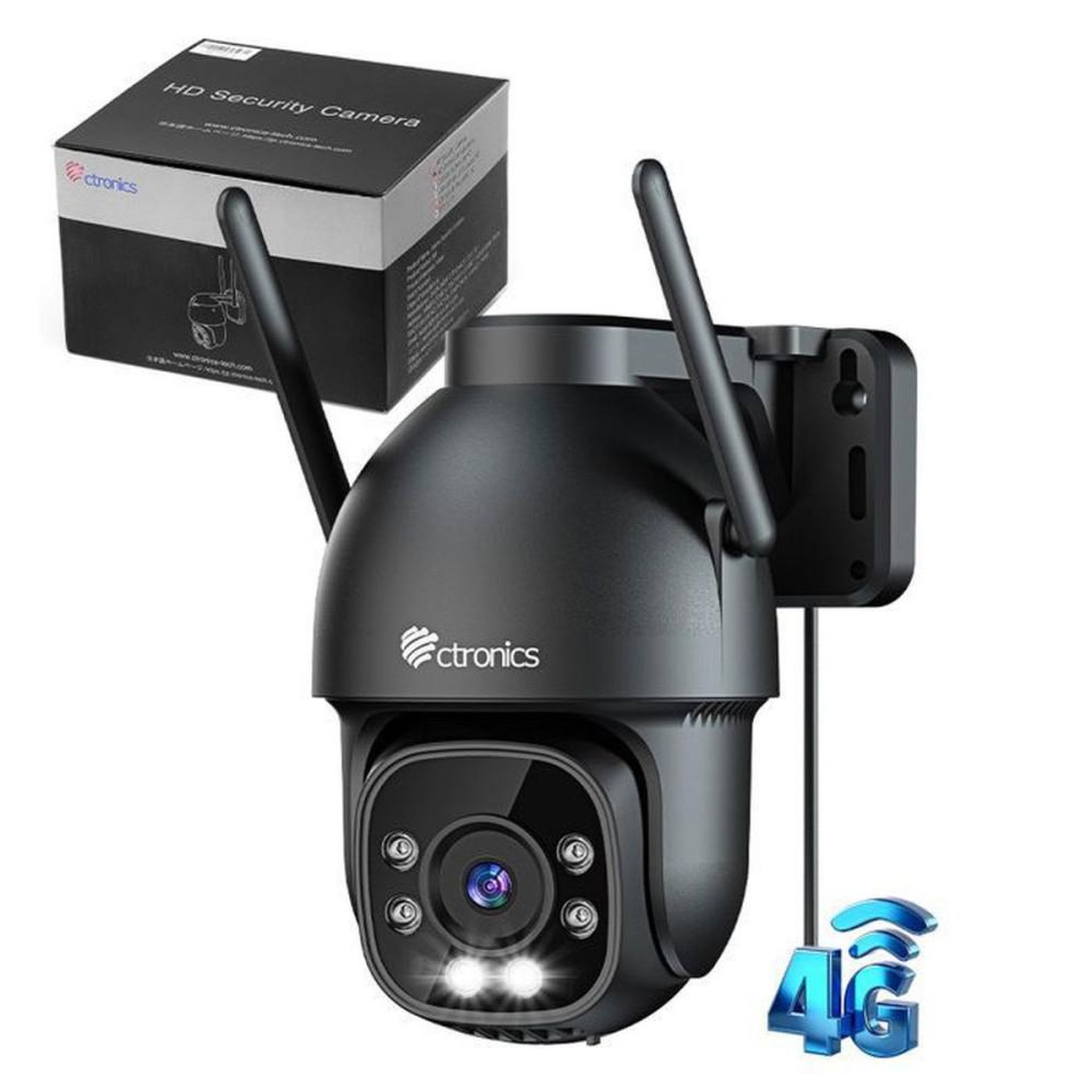 Caméra de sécurité extérieure PTZ 1080P CTRONICS 360° IP 4G LTE vision nocturne couleur, détection humaine, suivi automatique, audio bidirectionnel, IP66 noir mat