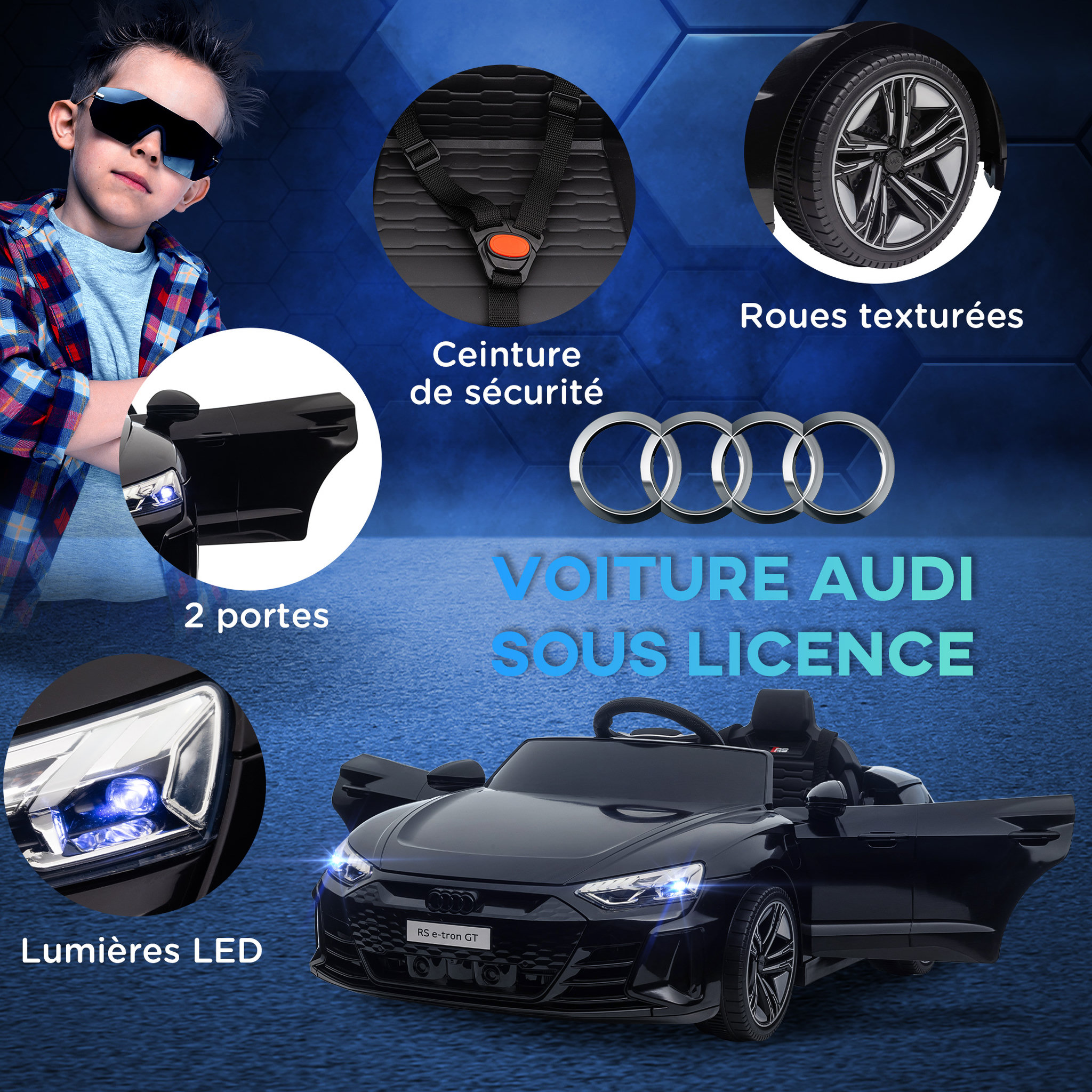 Voir la diapositive 4 : HOMCOM Véhicule électrique enfant Audi RS e-tron GT V. max. 5 Km/h télécommande effets sonores + lumineux noir
