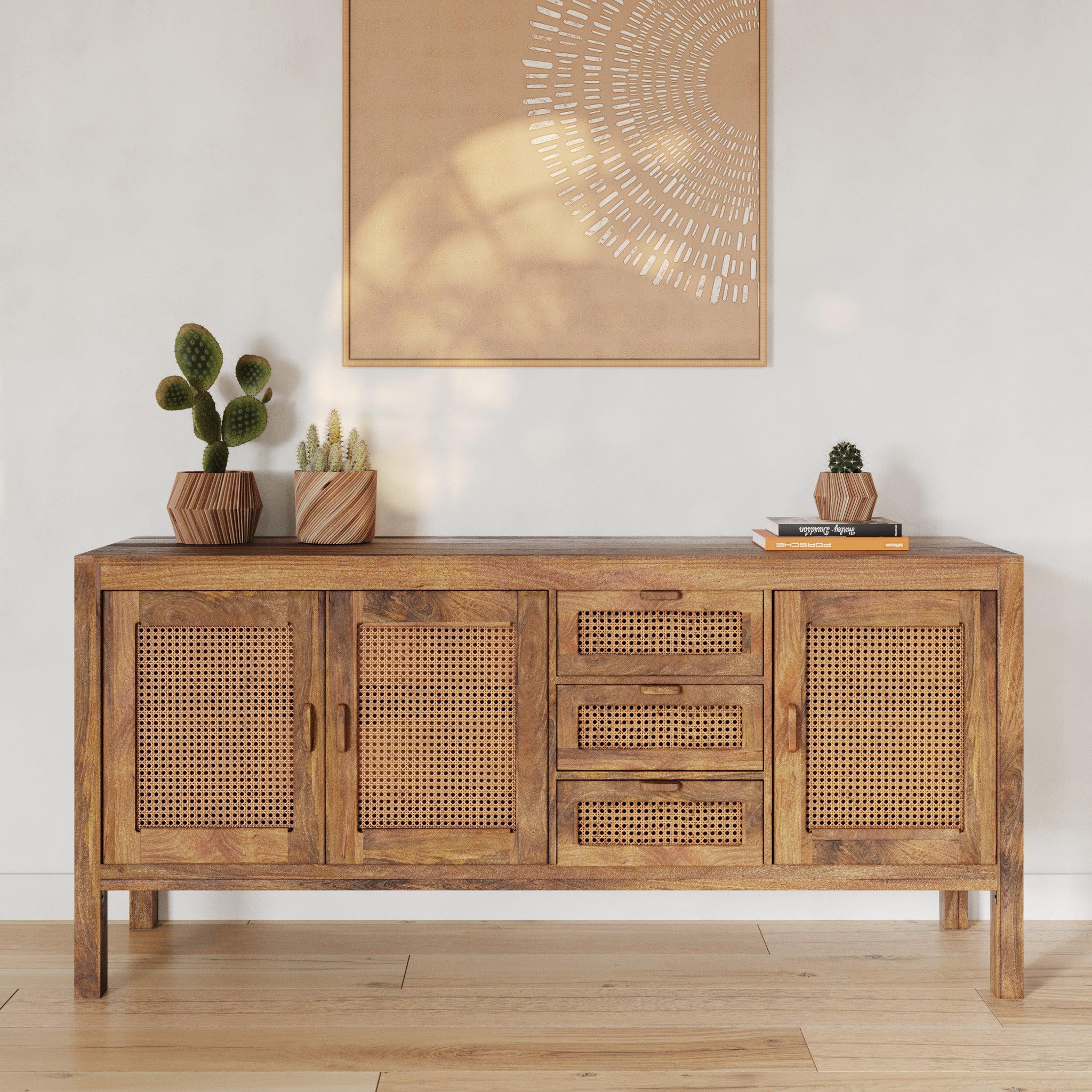 Voir la diapositive 2 : MAISON PAVANE Buffet 3 portes et 3 tiroirs en bois de manguier et cannage-tiki