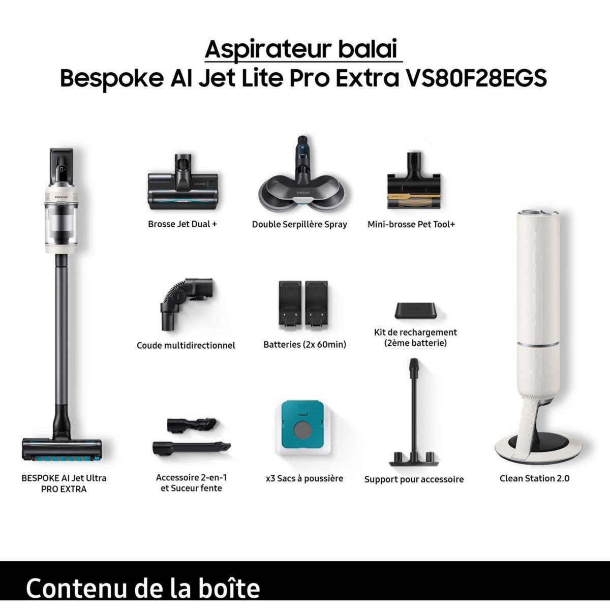 Samsung Aspirateur balai Bespoke AI Jet Lite Pro Extra Blanc 2 batteries VS80F28EGS