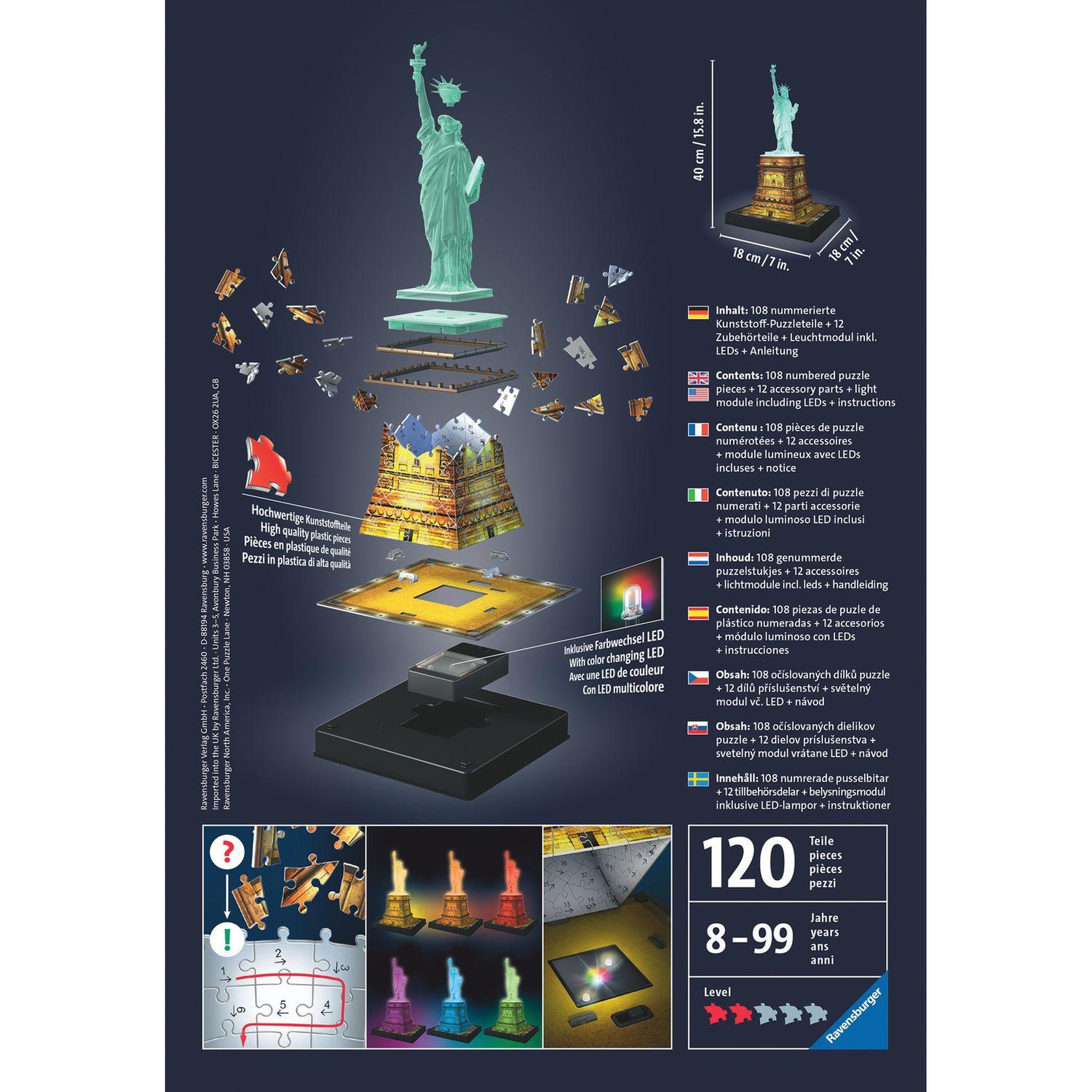 Voir la diapositive 3 : RAVENSBURGER Puzzle 3D 108 pièces Statue de la Liberté - Night Edition