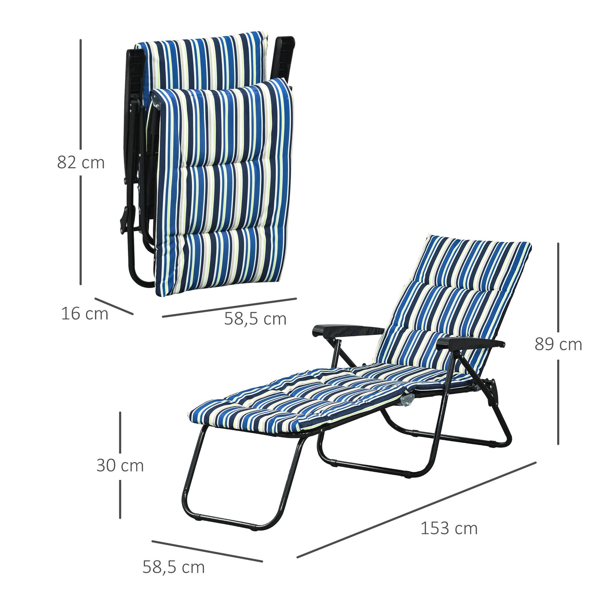 Voir la diapositive 3 : OUTSUNNY Bain de soleil pliable transat inclinable 6 positions grand confort avec matelas + accoudoirs acier polyester multicolore