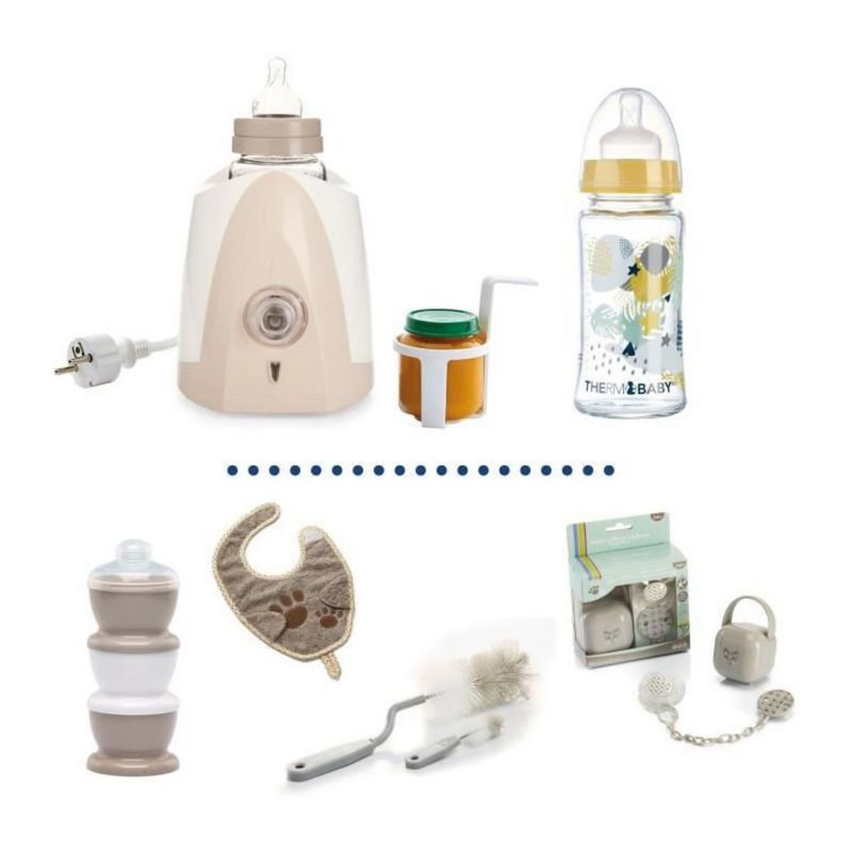 THERMOBABY Chauffe biberon + Biberon verre 230ml + Goupillon biberon + Boîte doseuse de lait + Bavoir + Coffret Boîte a sucettes