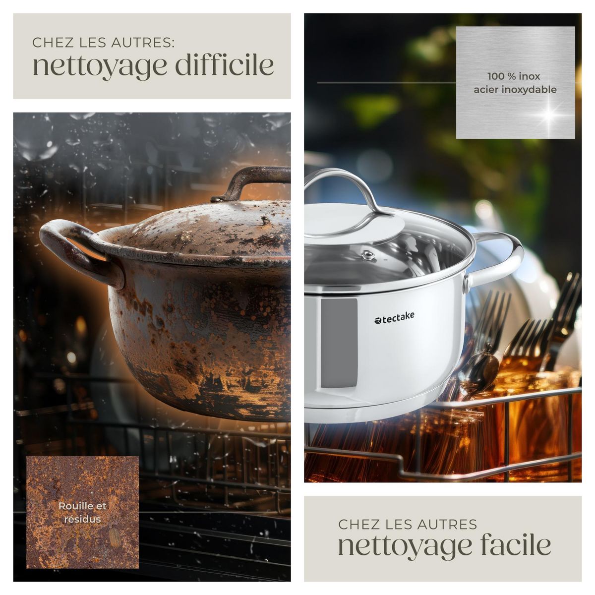 tectake Batterie de cuisine 7 pièces en acier inoxydable compatible induction argent