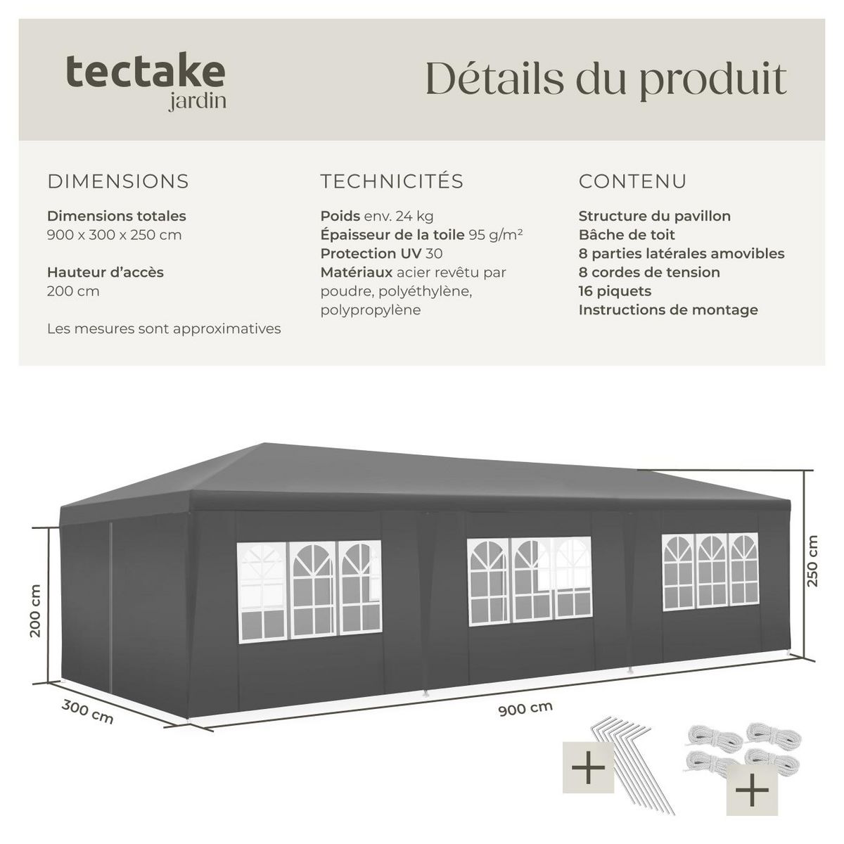 tectake Pavillon 9 x 3 m en système emboîtable gris