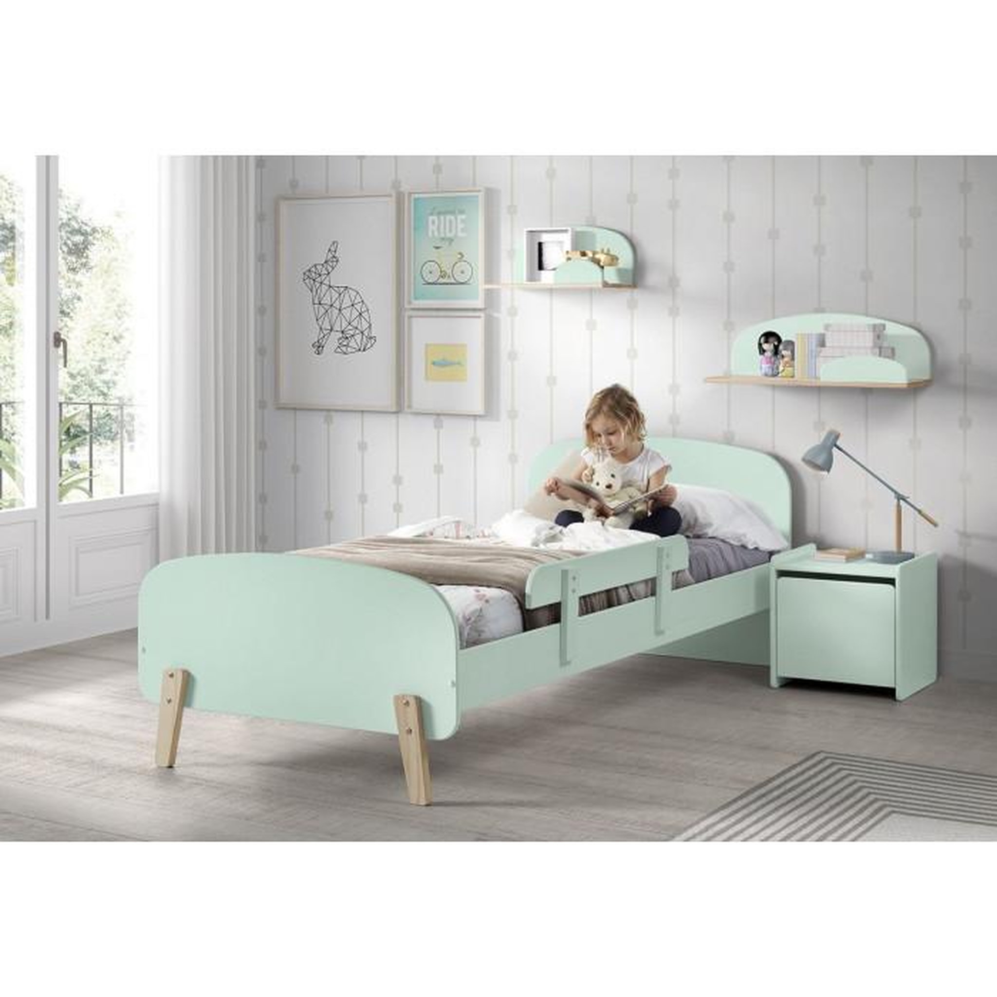Voir la diapositive 6 : Paris Prix Pack - Lit Enfant, Chevet, Barrière & Coffre  Kiddy  90x200cm Vert Menthe