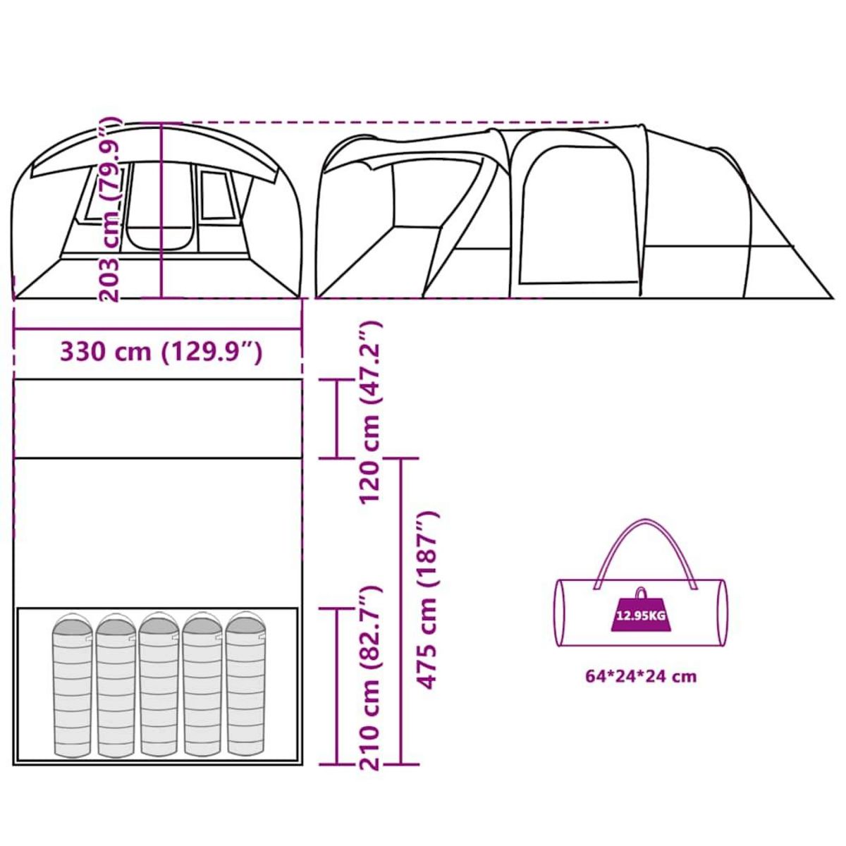 VIDAXL Tente de camping tunnel 5 personnes gris et orange impermeable
