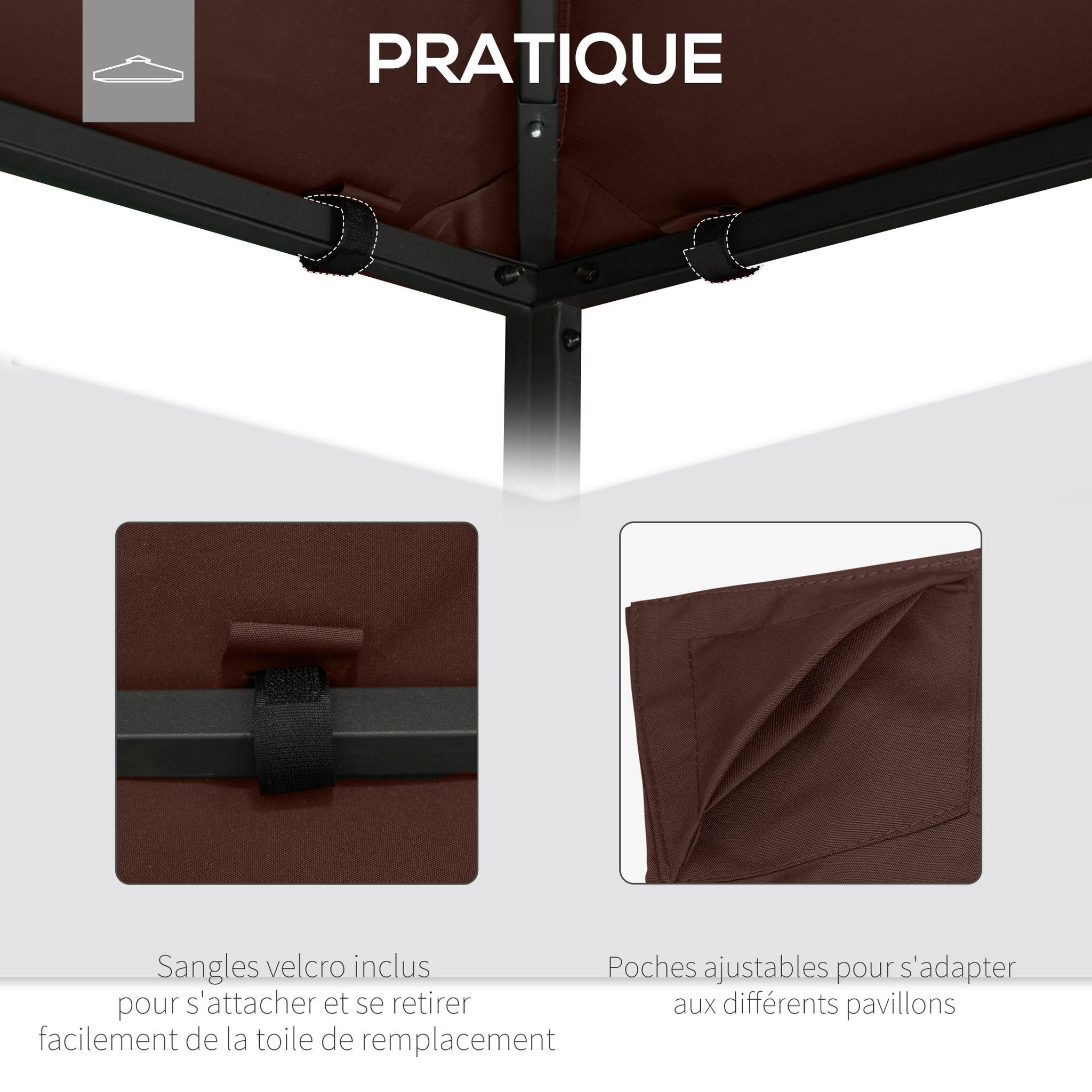 Voir la diapositive 5 : OUTSUNNY Toile de rechange pour pavillon tonnelle tente 3 x 3 m polyester haute densité 180 g/m² revêtement PA anti-UV chocolat