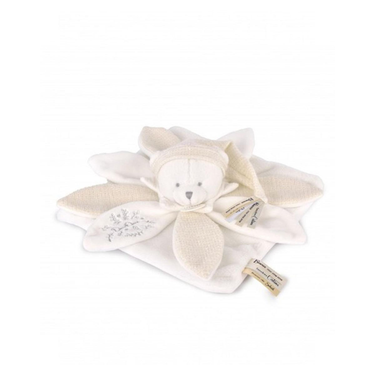 DOUDOU ET COMPAGNIE Doudou plat pétales Ours Blanc - 25 cm - Collection Anniversaire