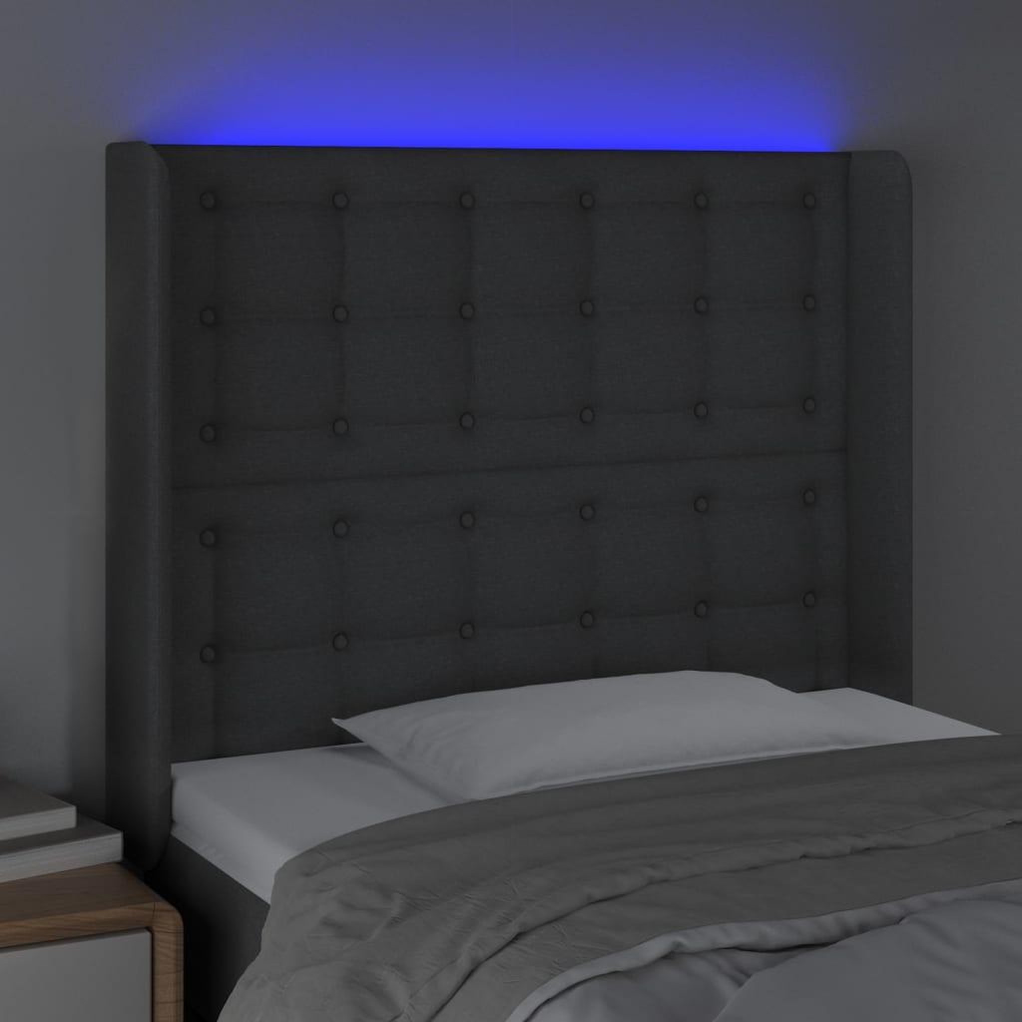 Voir la diapositive 4 : VIDAXL Tete de lit a LED Gris fonce 83x16x118/128 cm Tissu