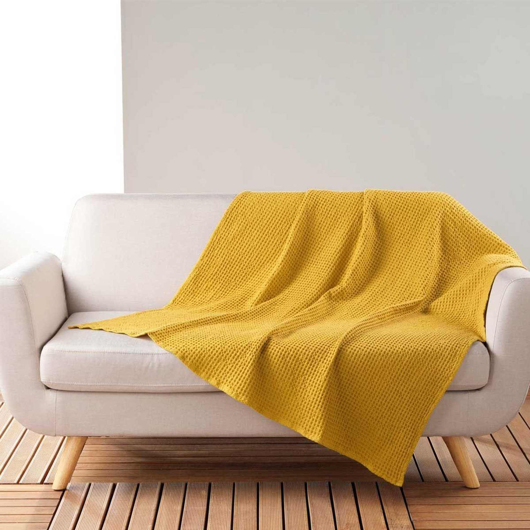 Douceur d'Intérieur Plaid nid d'abeille uni  gaufrette  125x150cm jaune