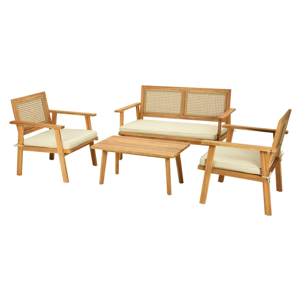 BEST MOBILIER Siboney - salon bas de jardin 4 places - bois, cannage et coussins beiges