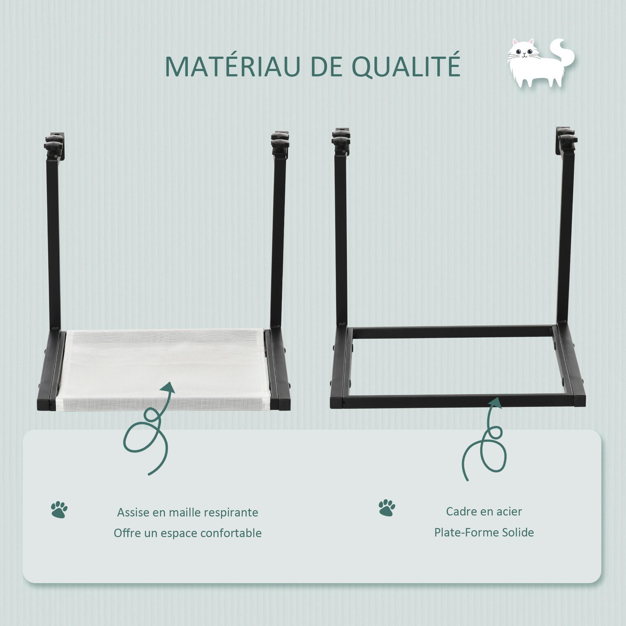 Voir la diapositive 5 : PAWHUT Arbre à chat mural design - étagère murale pour chat - hamac radiateur chat - armature avec fixation réglable - acier noir PVC polyester crème