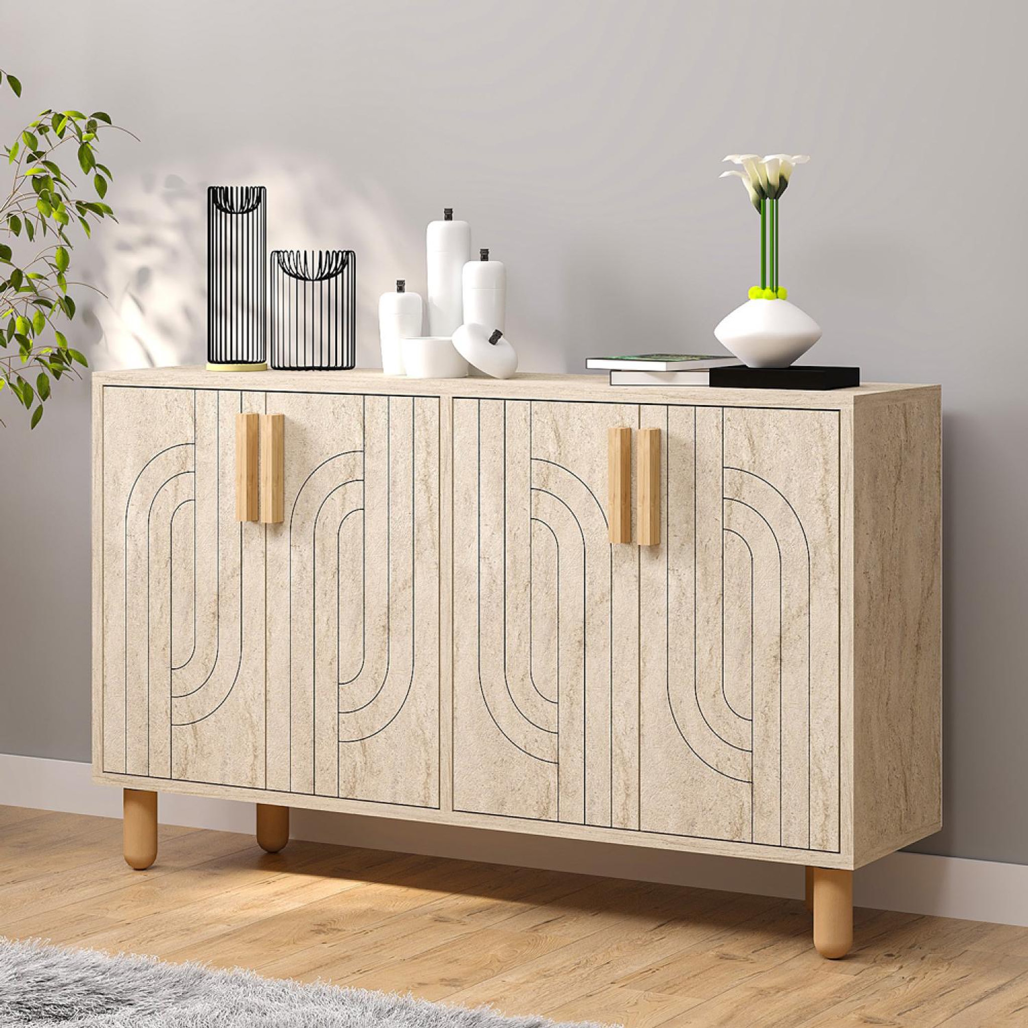 Voir la diapositive 3 : CONCEPT USINE Buffet à 4 portes effet travertin nervuré 120x73cm RODY