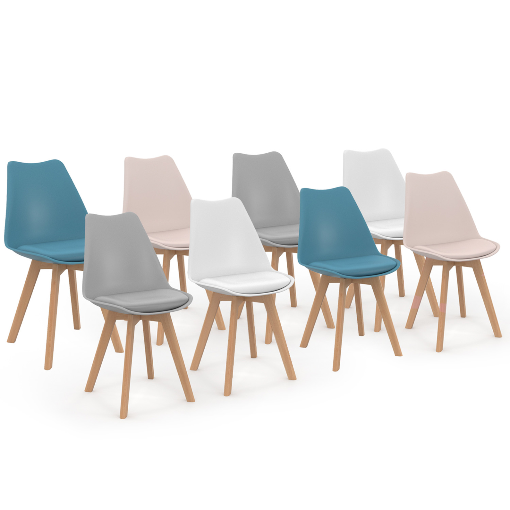 ID MARKET Lot de 8 chaises scandinaves sara mix color pastel rose x2, blanc x2, gris clair x2, bleu x2
