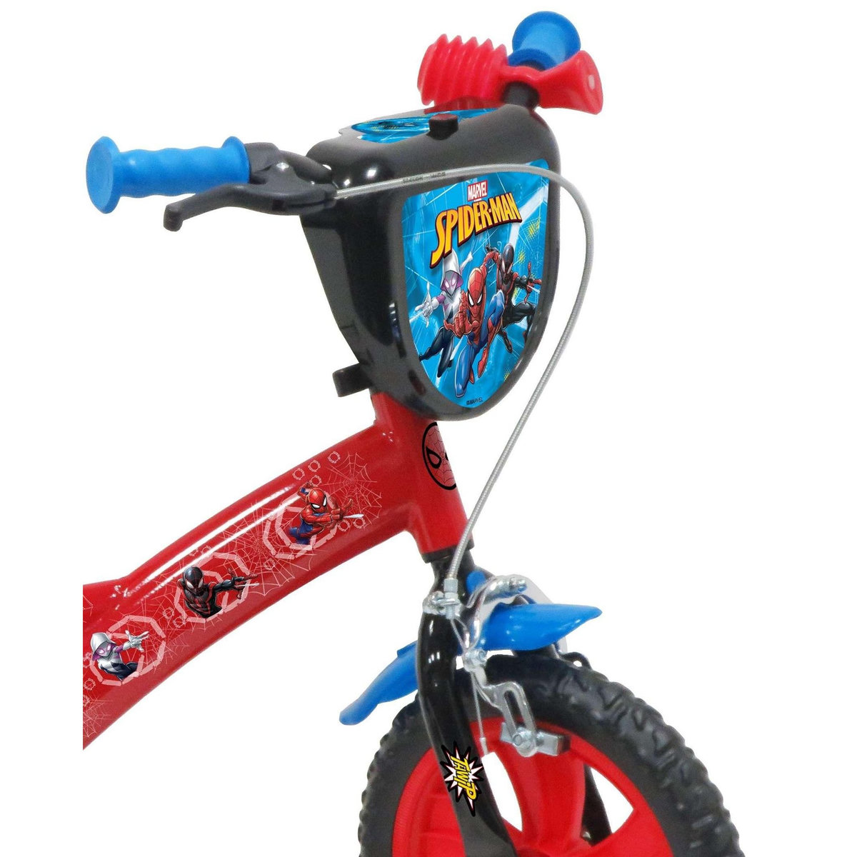 Marvel Vélo enfant - Modèle 12'' Spiderman + Casque pour enfant de 85/100 cm avec stabilisateurs - Plaque décorative avant - Porte bidon - 1 frein et roues à bâtons