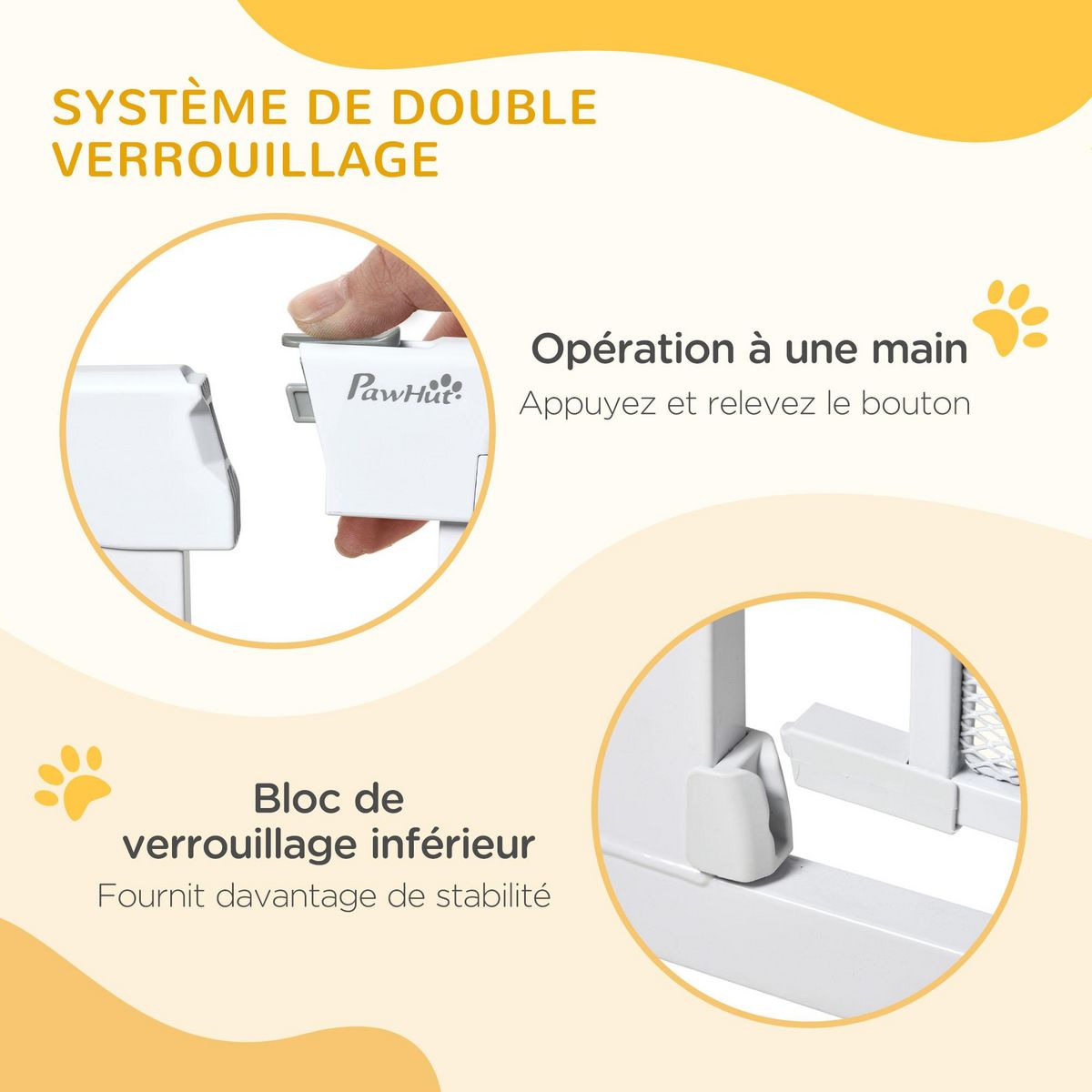 PAWHUT Barrière de sécurité animaux - longueur réglable dim. 75-82 cm - porte double verrouillage, ouverture double sens -sans perçage - acier ABS blanc