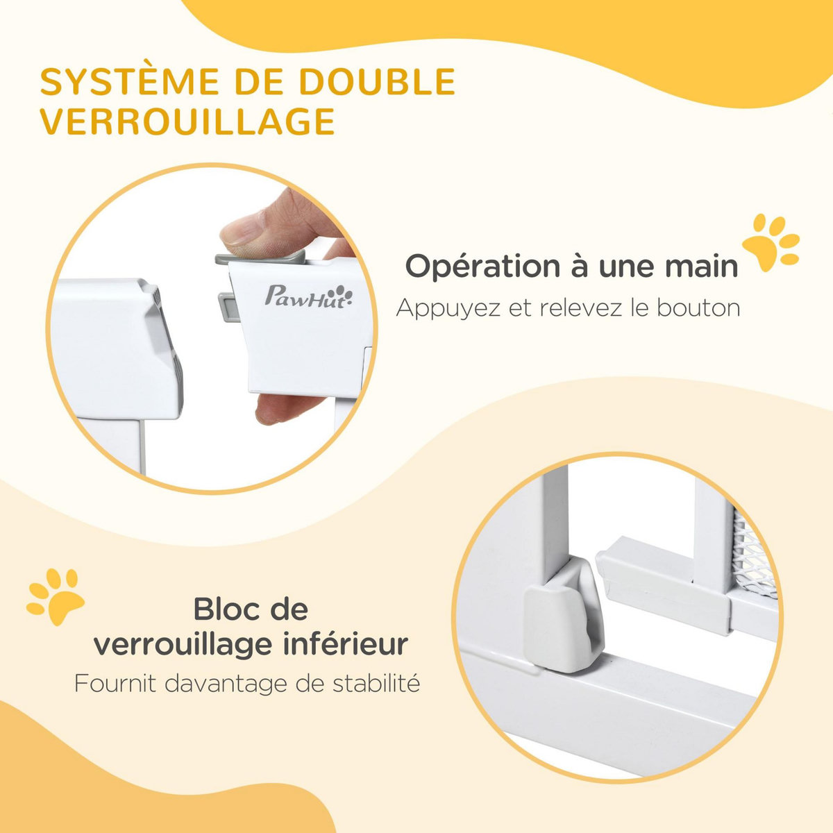 PAWHUT Barrière de sécurité animaux - longueur réglable dim. 75-82 cm - porte double verrouillage, ouverture double sens -sans perçage - acier ABS blanc
