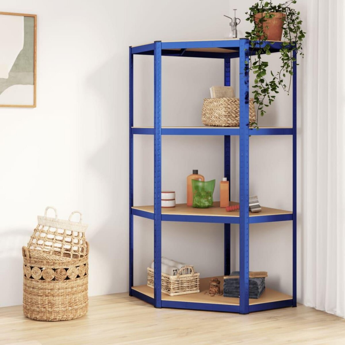 VIDAXL Etagere d'angle a 4 niveaux Bleu Acier et bois d'ingenierie