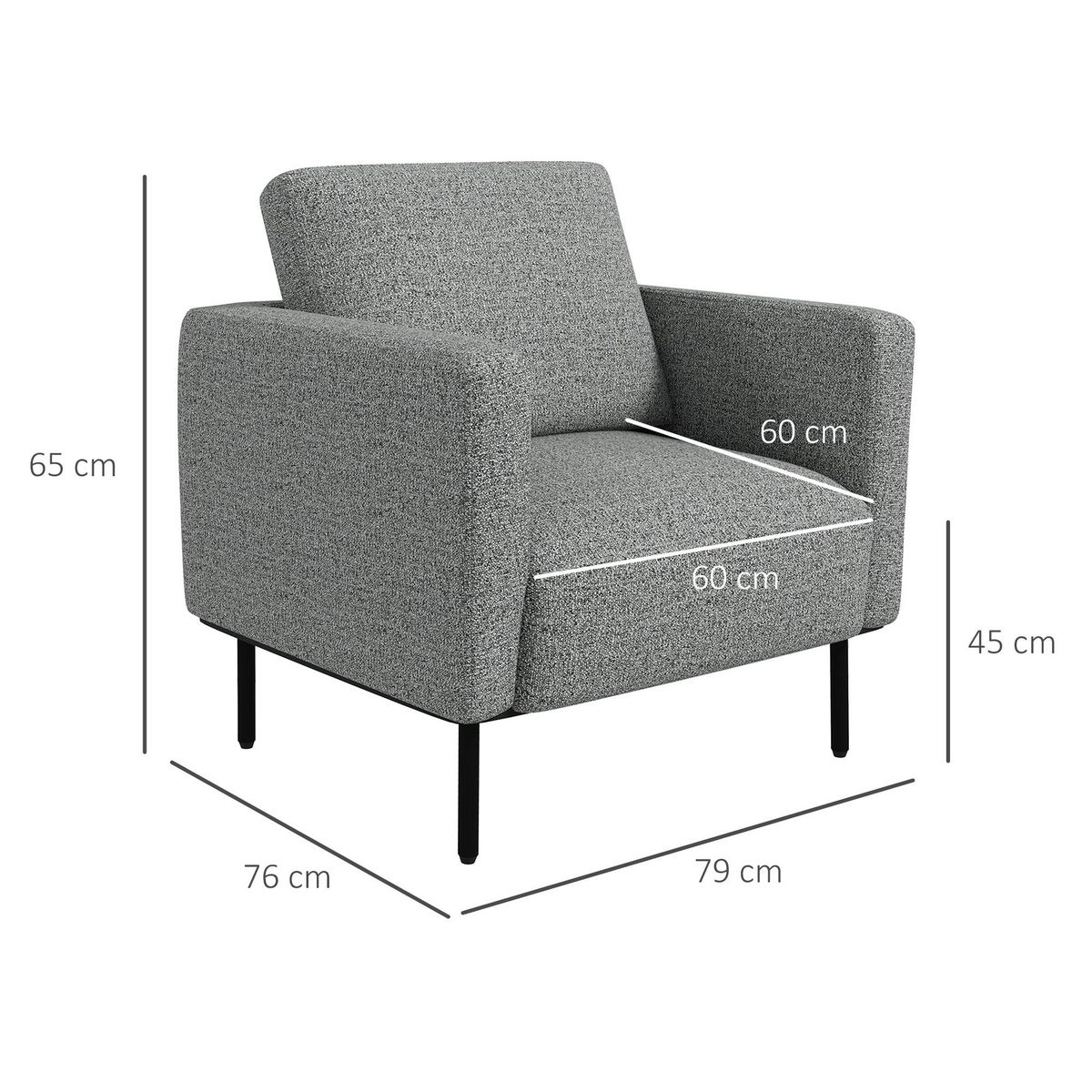 HOMCOM Fauteuil style contemporain grand confort piètement métal noir tissu toucher lin gris chiné