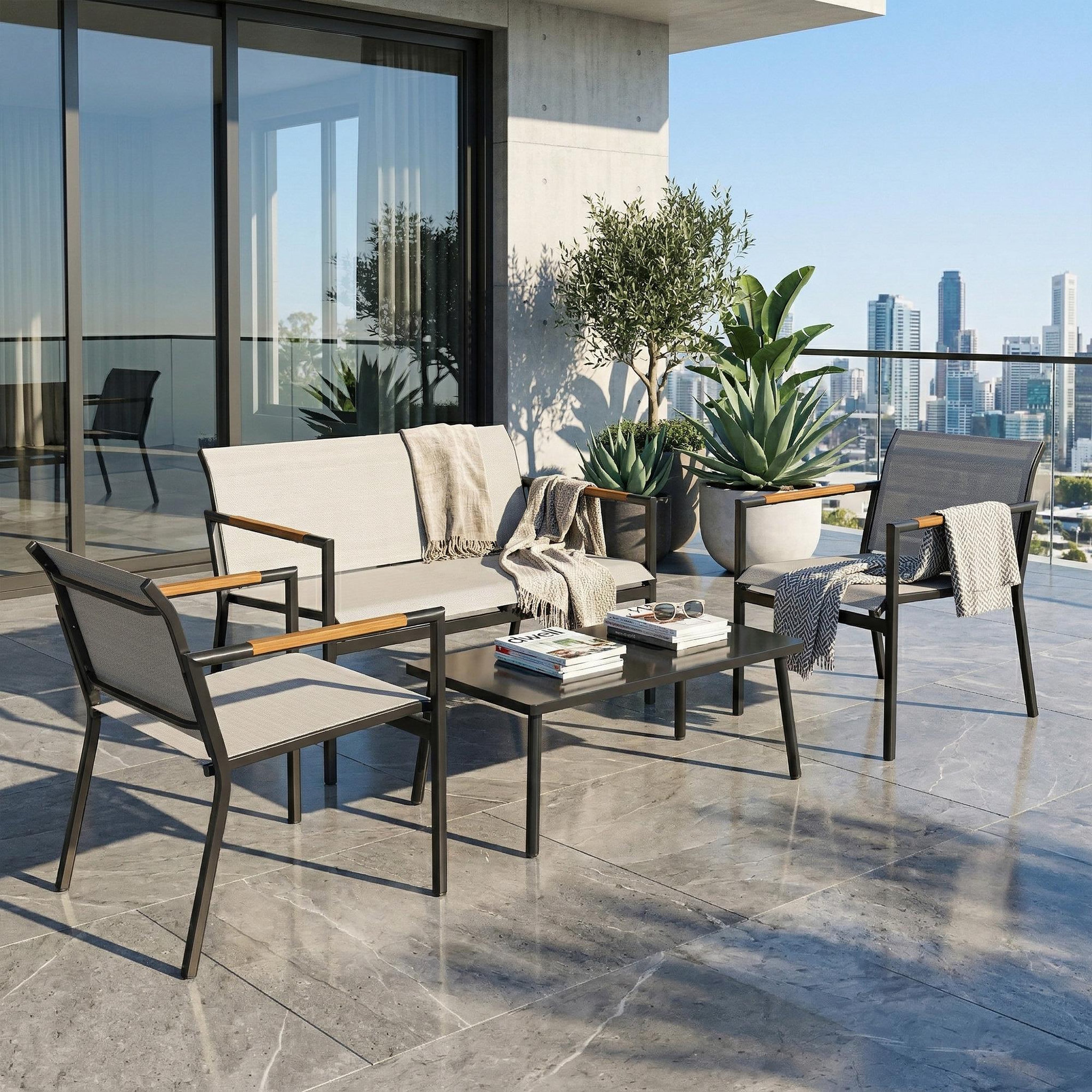 Voir la diapositive 6 : OUTSUNNY Salon de jardin design métal textilène effet bois 4 places 4 pièces