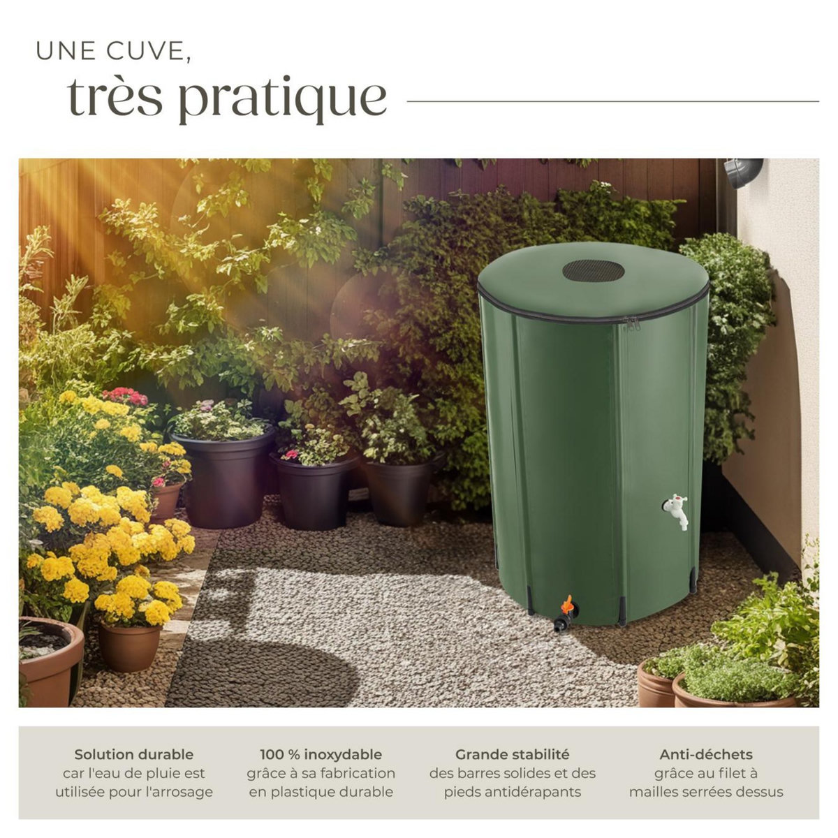tectake Tonneau récupérateur d'eau de pluie avec robinet et protection anti-débordement vert 380 L