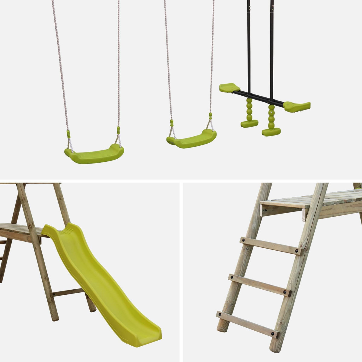 SWEEEK Aire de jeux Marin en bois avec toboggan. 1 face à face. 2 balançoires. pin autoclave