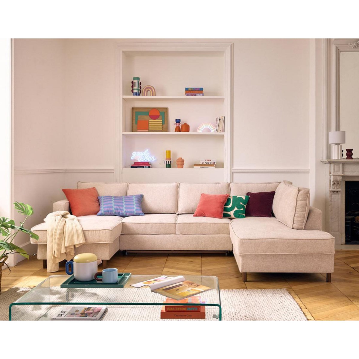 LISA DESIGN Jake - canapé panoramique d'angle droit 7 places convertible avec coffre en tissu velours relief