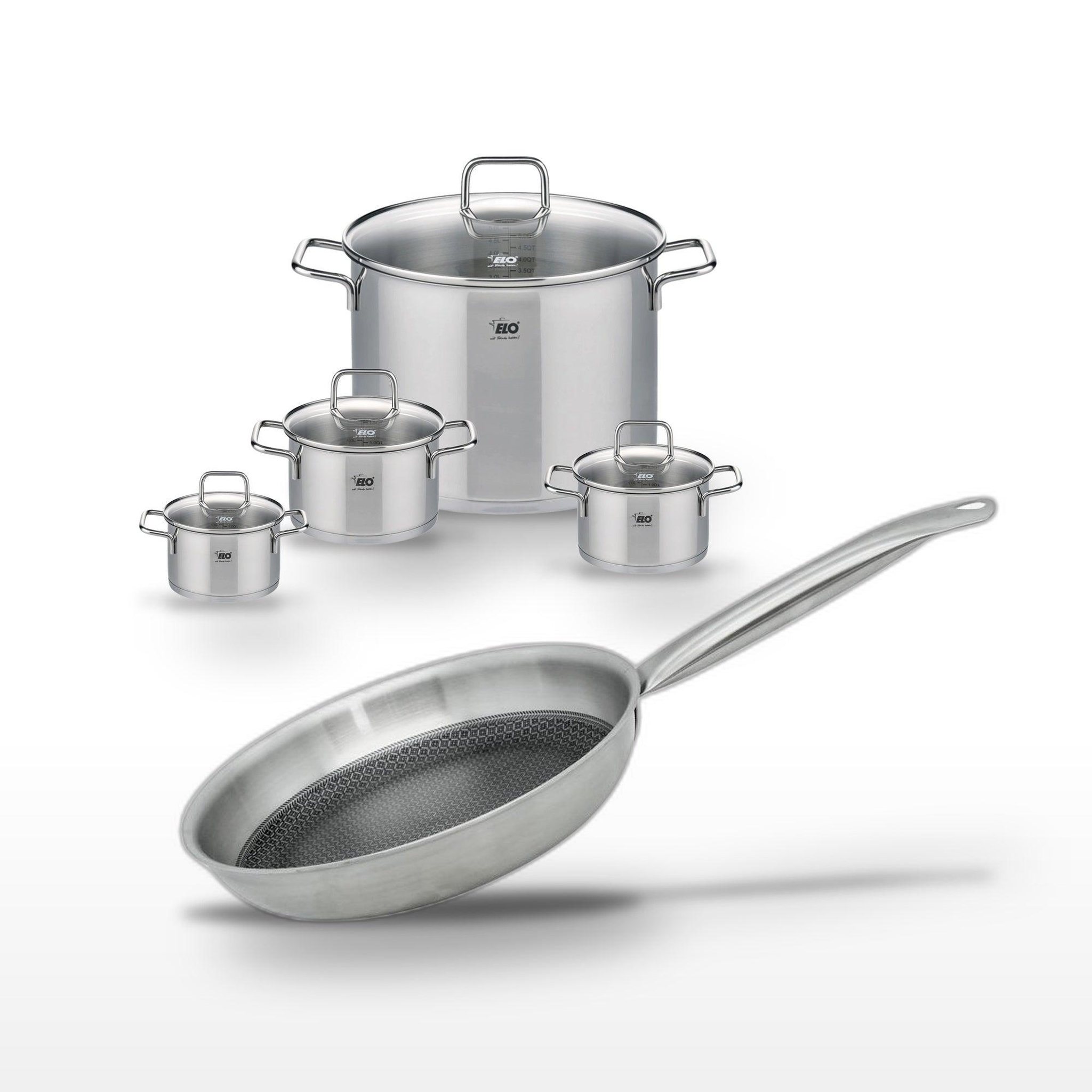 ELO Batterie de cuisine avec 4 faitouts 12/14/16/26 cm et 1 poêle de cuisson 24 cm en inox sans pfas elo collection relief solution citrin