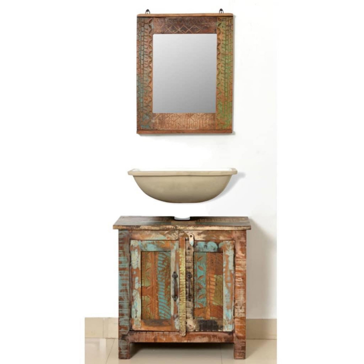 VIDAXL Ensemble meuble sous vasque et miroir en bois massif recycle