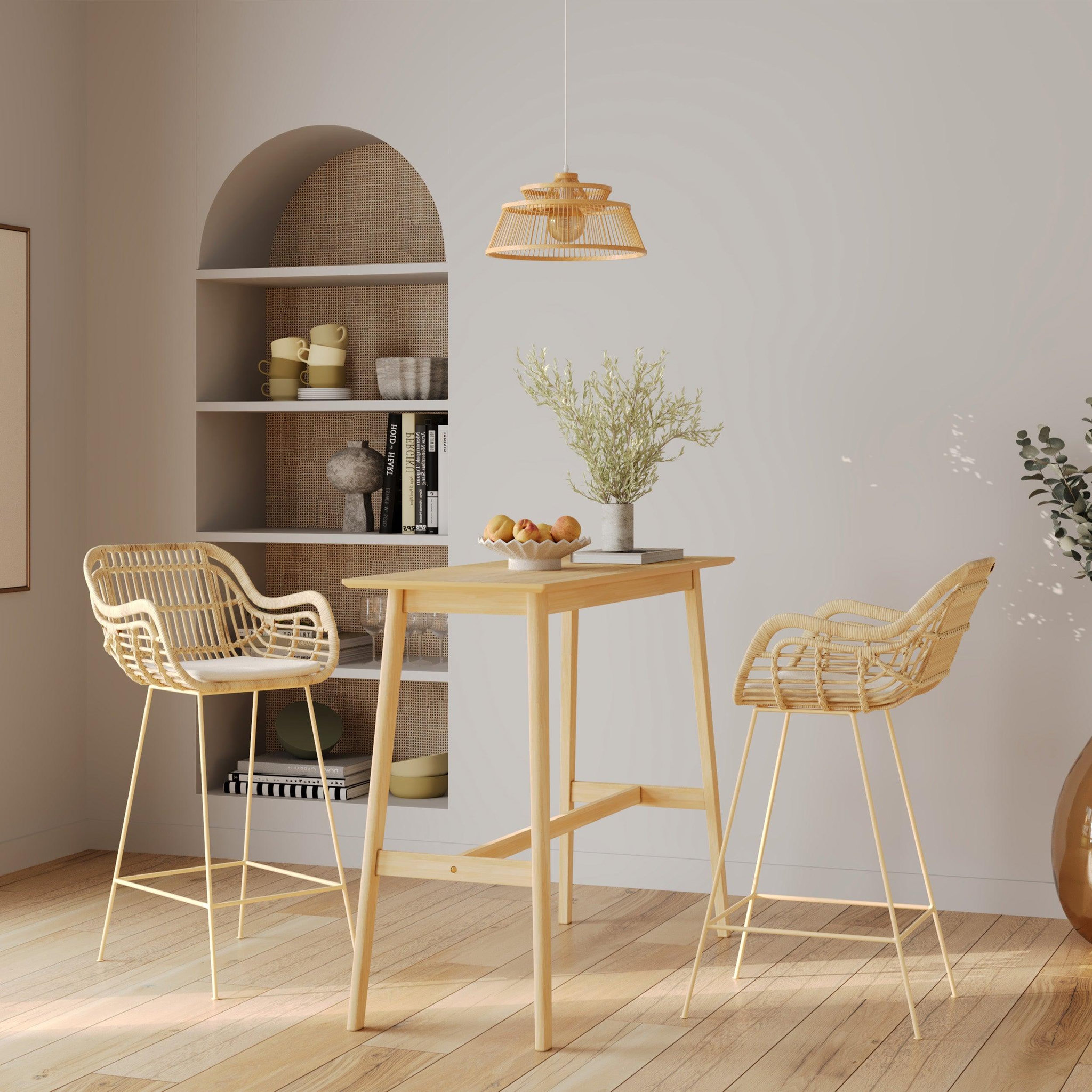 Voir la diapositive 5 : MAISON PAVANE Table de bar rectangulaire 4 personnes en bois clair naturel 120 cm-buvette