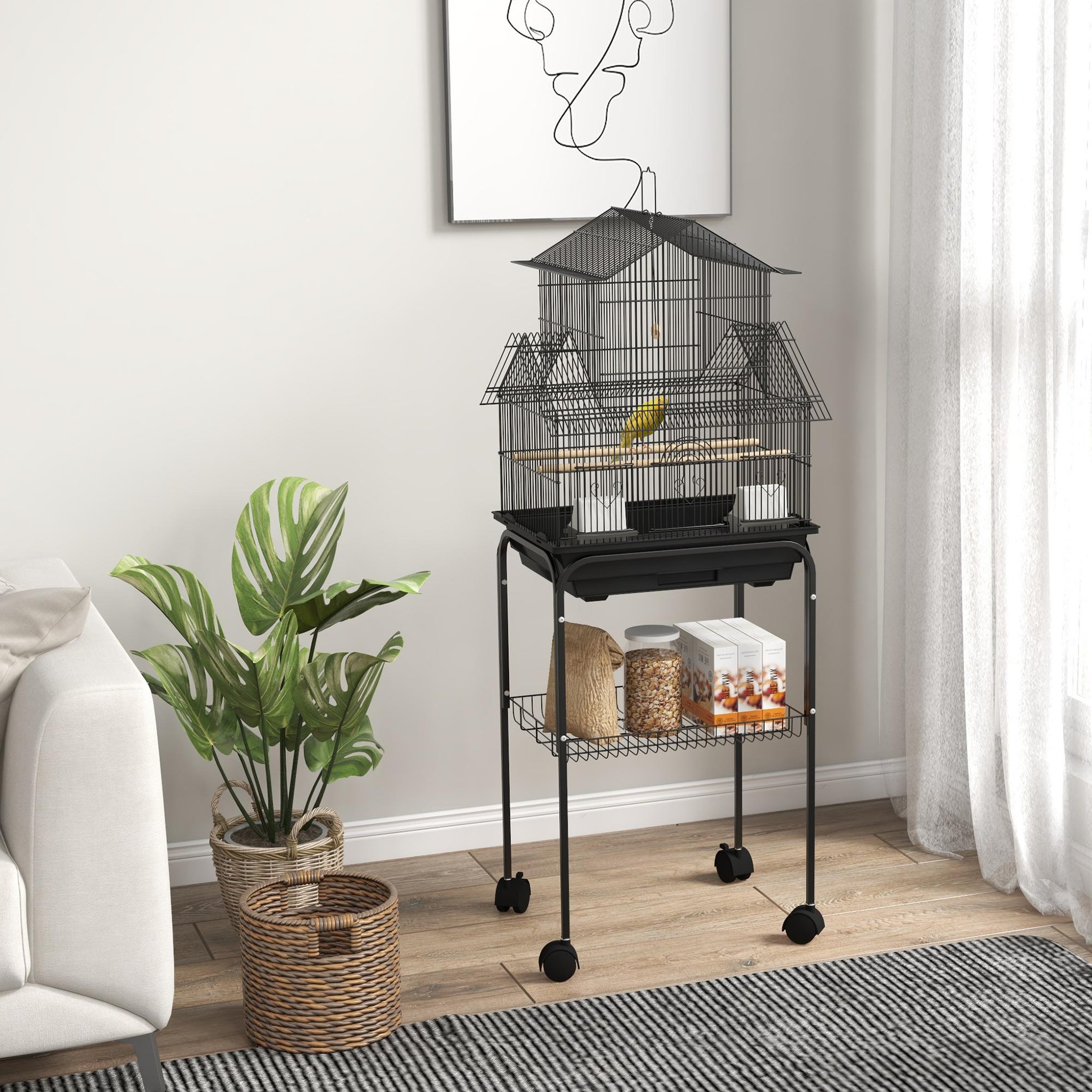 Voir la diapositive 2 : PAWHUT Cage à oiseaux design maison mangeoires perchoirs 3 portes plateau excrément amovible noir