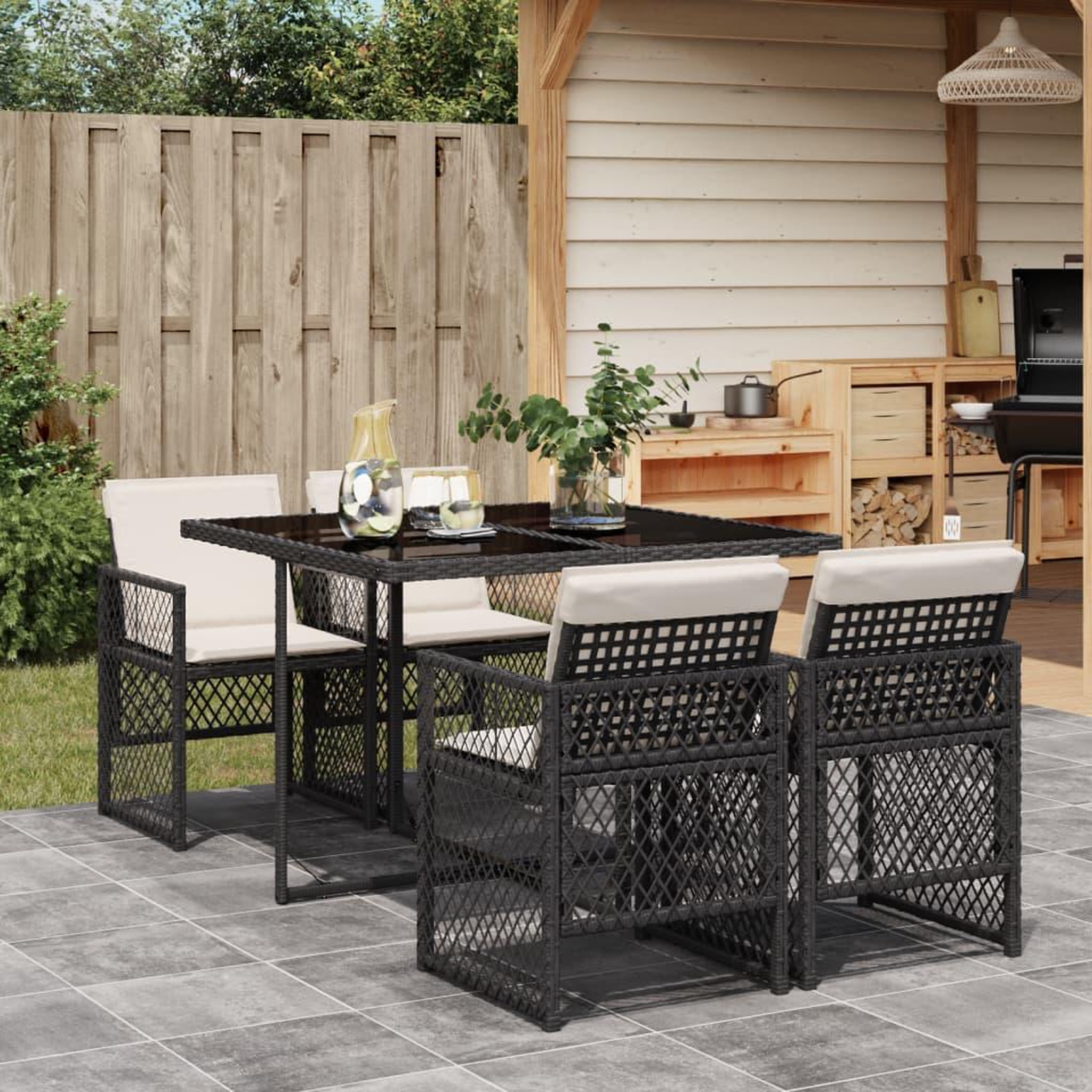 VIDAXL Ensemble a manger de jardin coussins 5pcs noir resine tressee