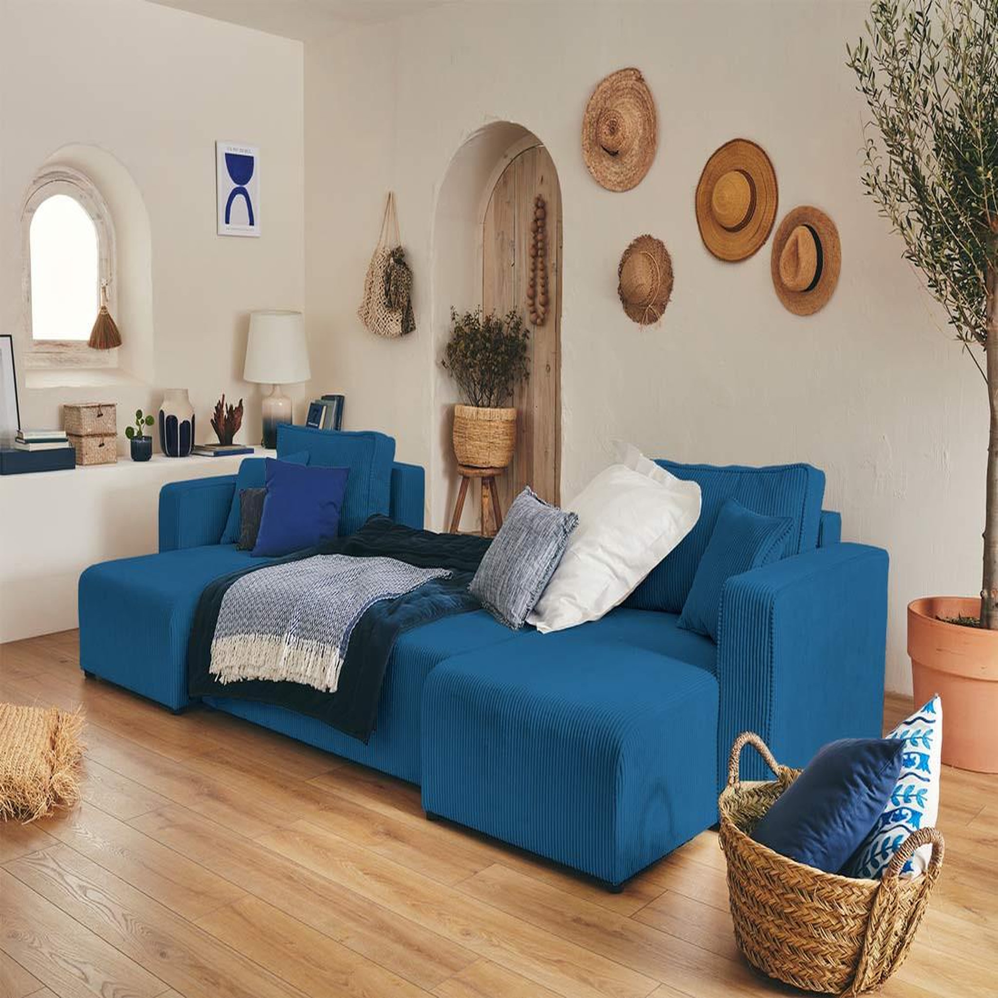 Voir la diapositive 2 : BEST MOBILIER Topaze - canapé panoramique en u - 7 places - convertible avec coffre - en velours côtelé