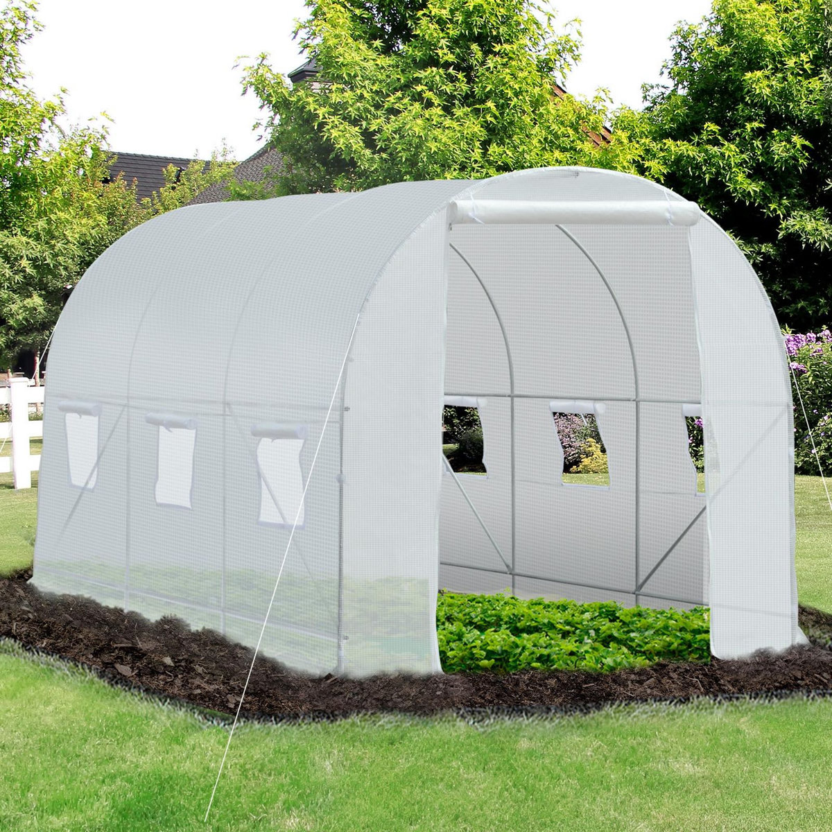 OUTSUNNY Serre de jardin tunnel surface sol 7 m² 3,5L x 2l x 2H m châssis tubulaire renforcé 18 mm 6 fenêtres blanc