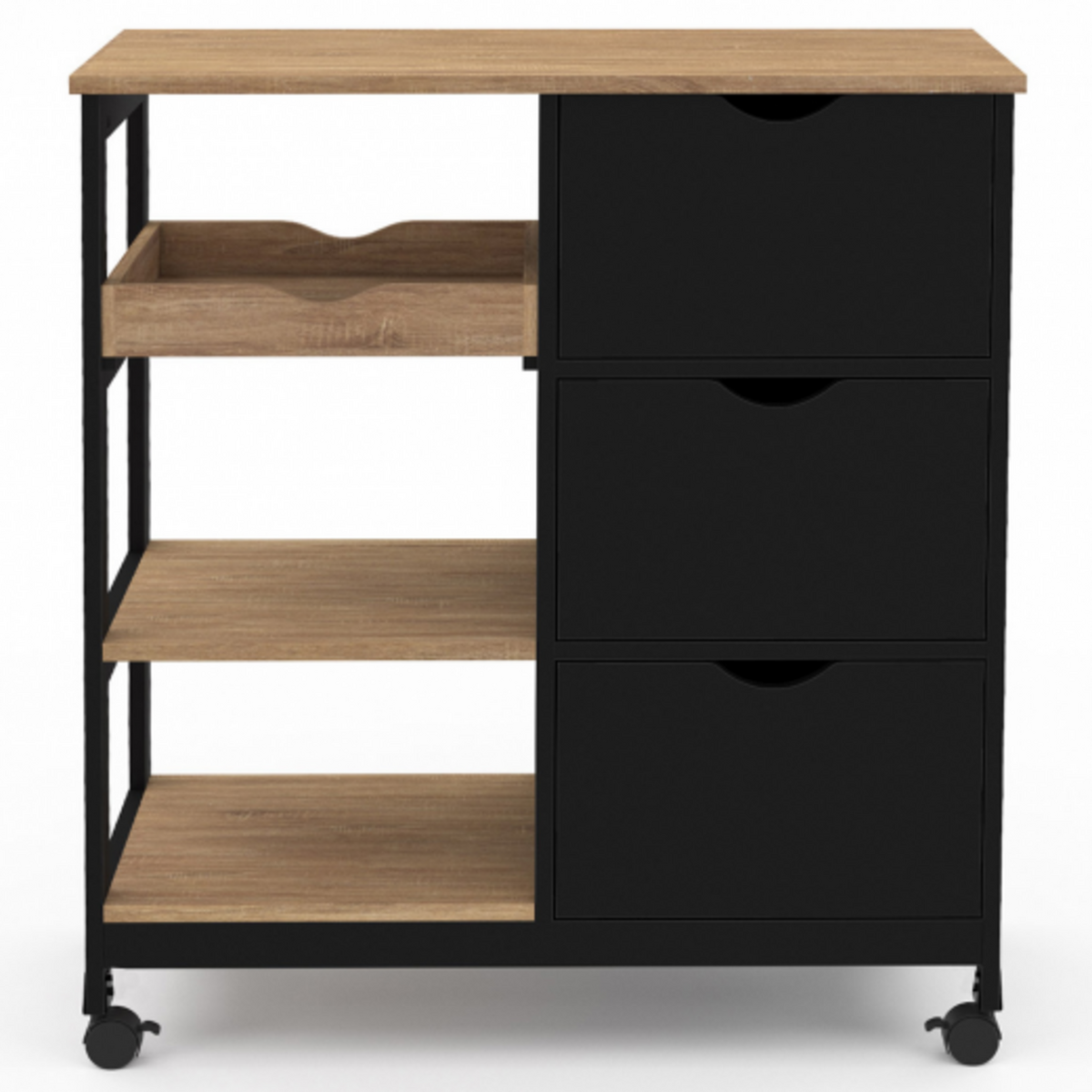 ID MARKET Desserte de cuisine MUNA 3 paniers + 1 plateau amovible noir et effet hêtre L.76 cm