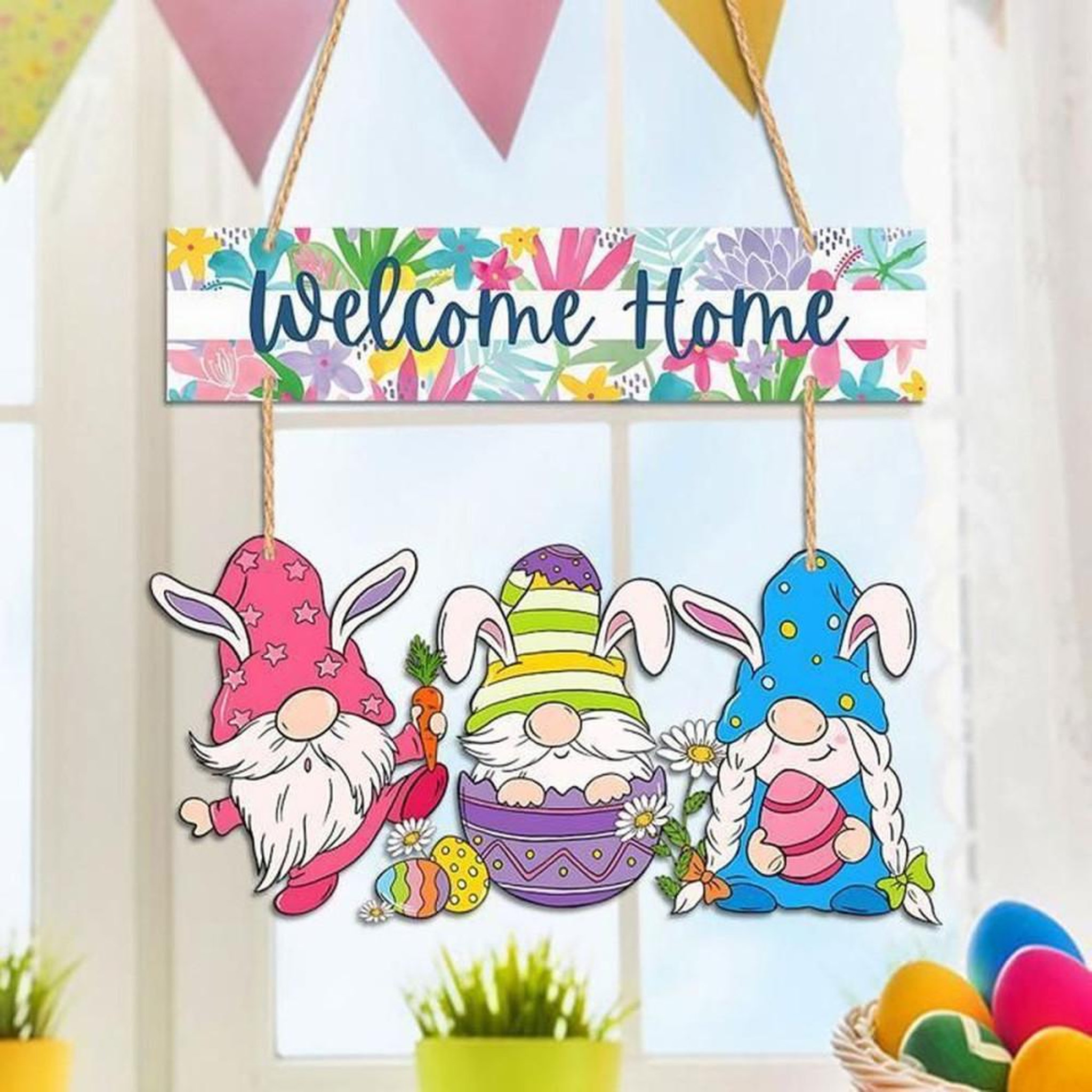 Panneau de décoration suspendu en bois massif pour Pâques avec message « Welcome Home » et 2 gnomes