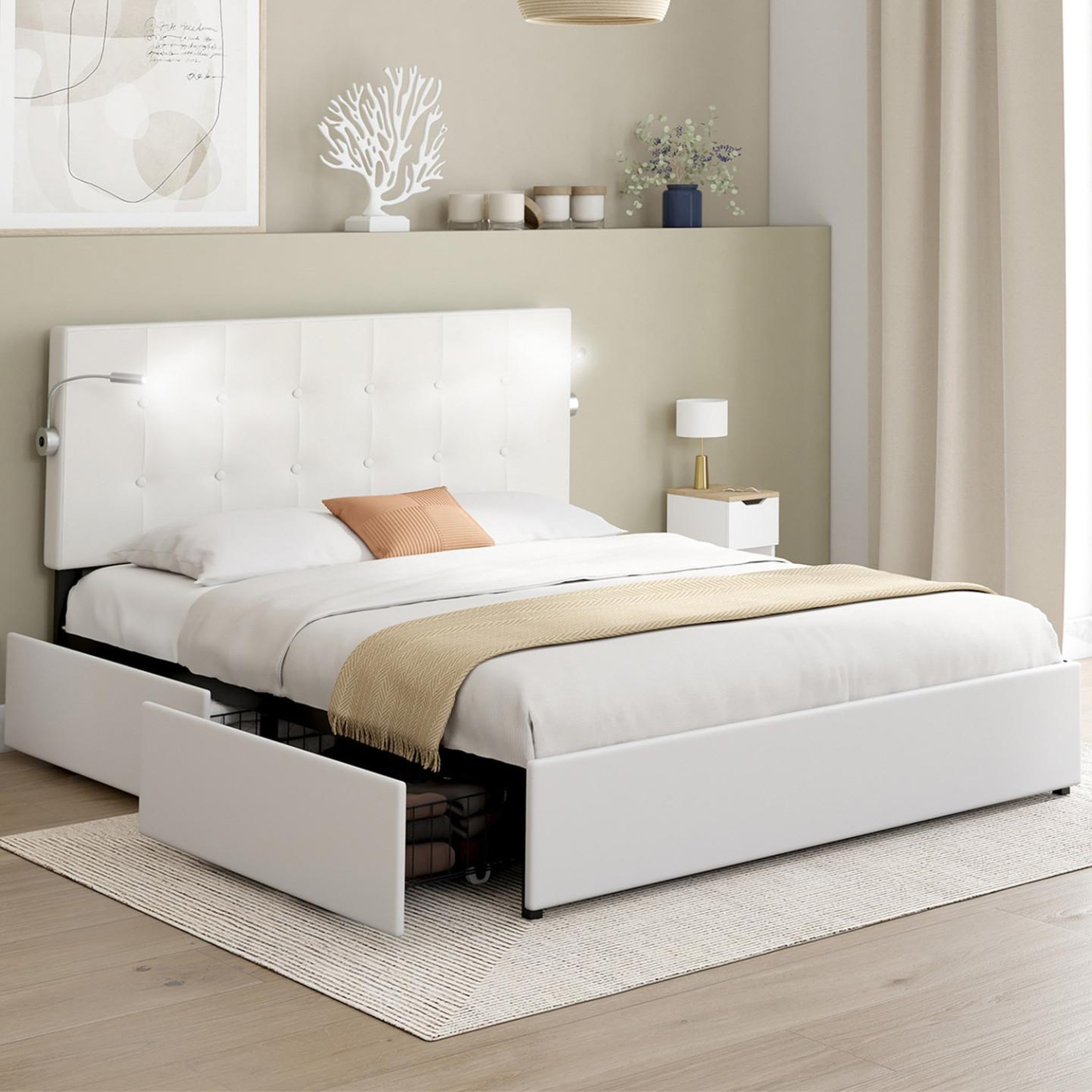 Voir la diapositive 2 : ID MARKET Lit double mael 140 x 190 cm avec tête de lit capitonnée pvc blanc liseuses intégrées et sommier et 2 tiroirs sur roulettes