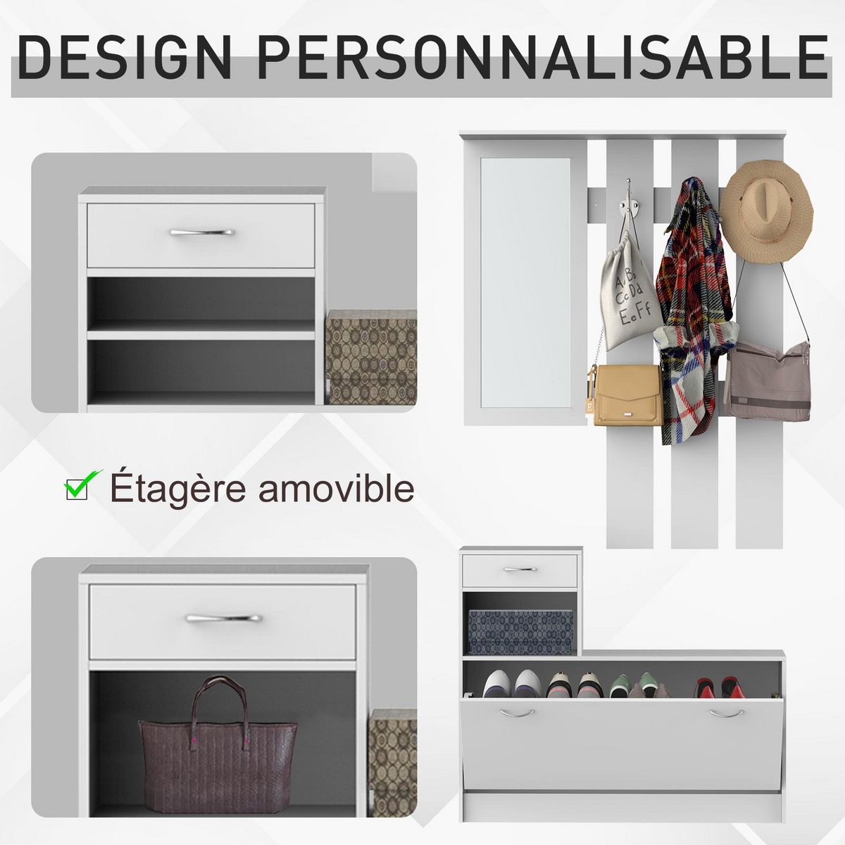 HOMCOM Ensemble de meubles d'entrée design contemporain : meuble chaussures, miroir et panneau porte-manteau panneaux de particules blanc