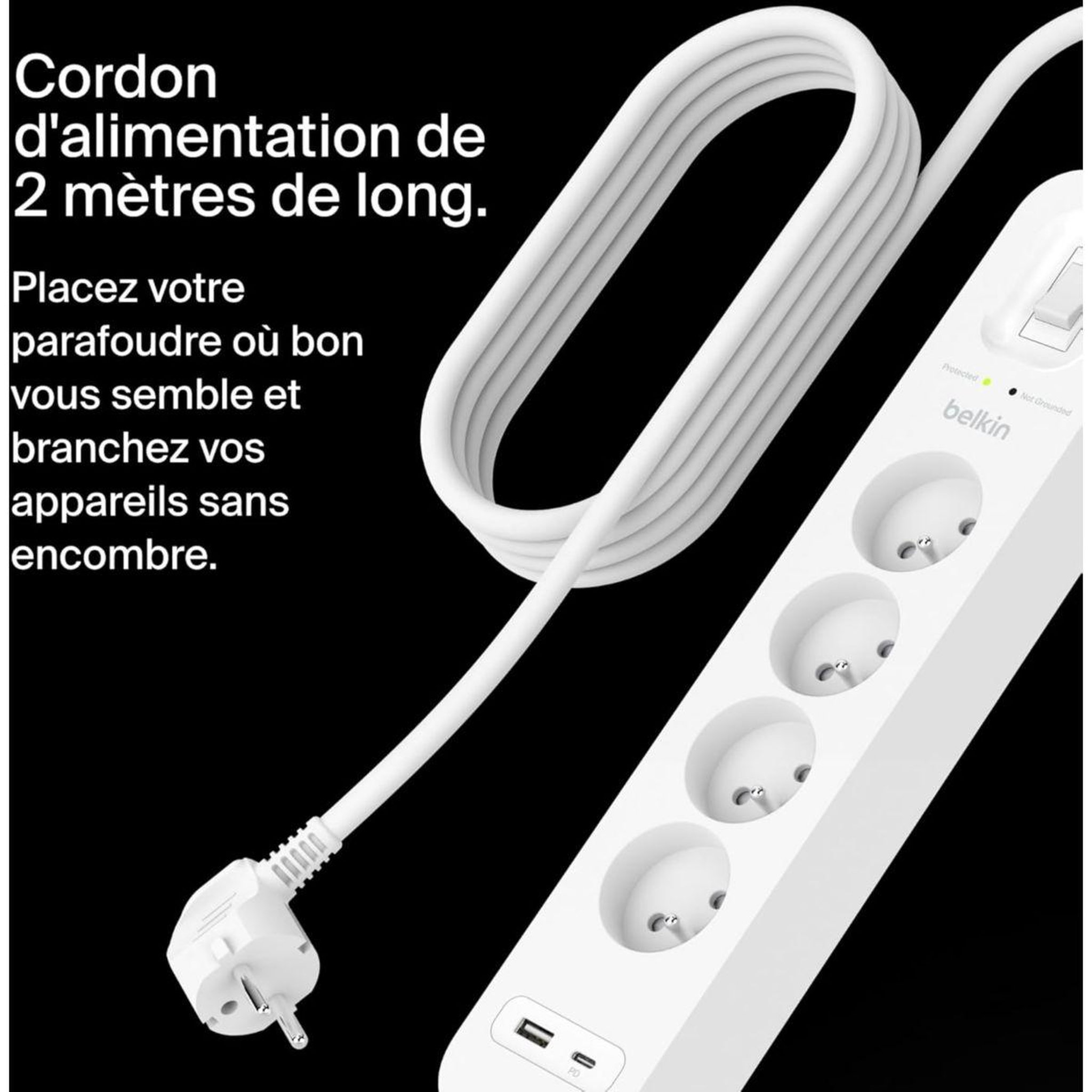 Voir la diapositive 2 : Belkin Multiprise 4 prises + usb-c et usb-a