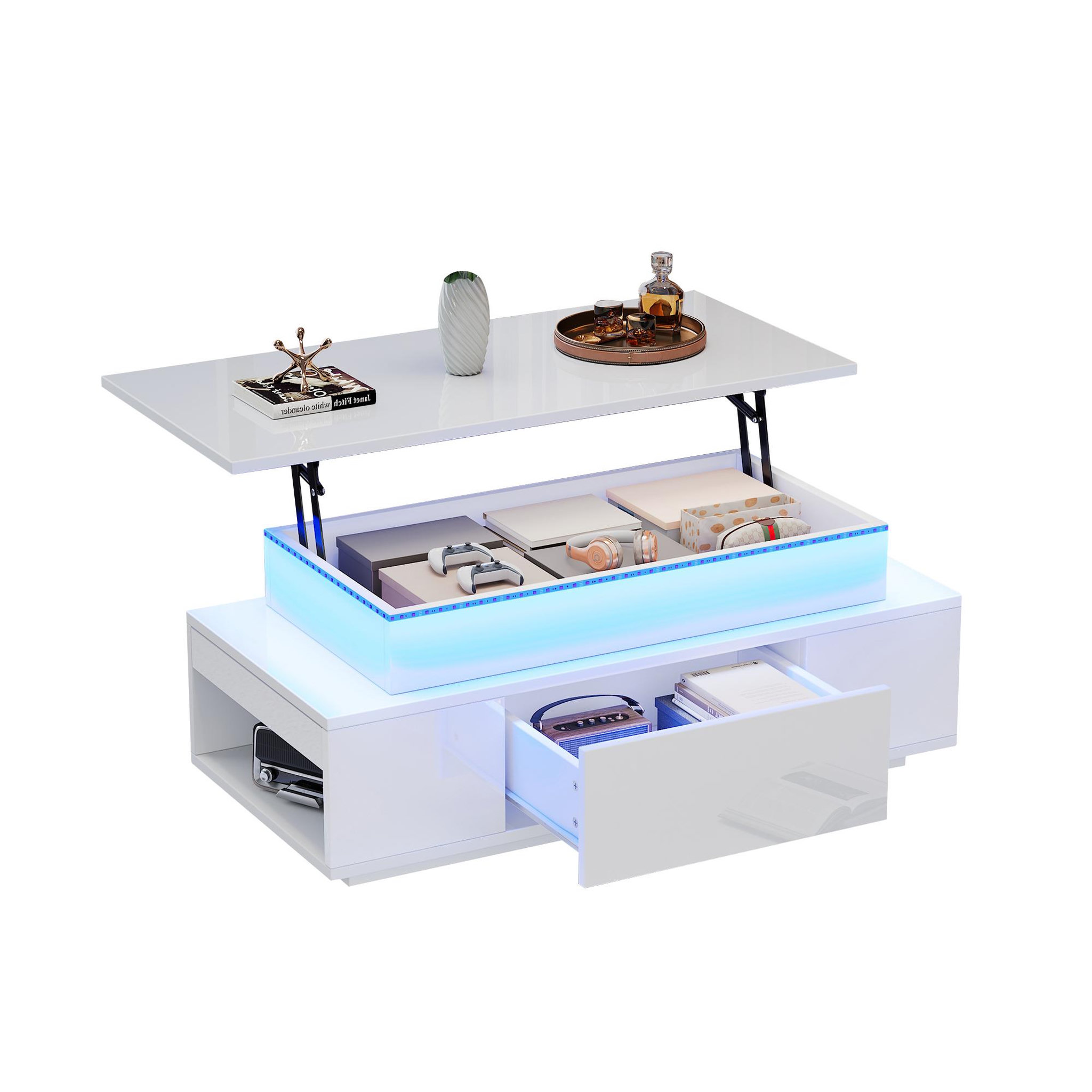 MERAX Table basse relevable rectangulaire blanc - 45x96 cm led panneau de particules