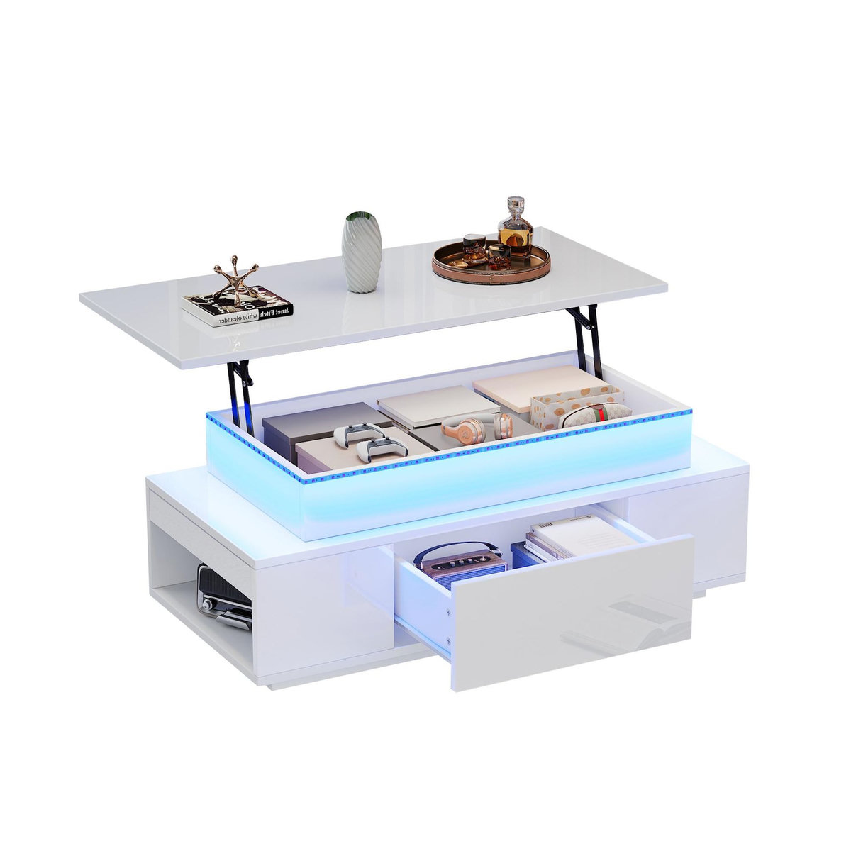MERAX Table basse relevable rectangulaire blanc - 45x96 cm led panneau de particules