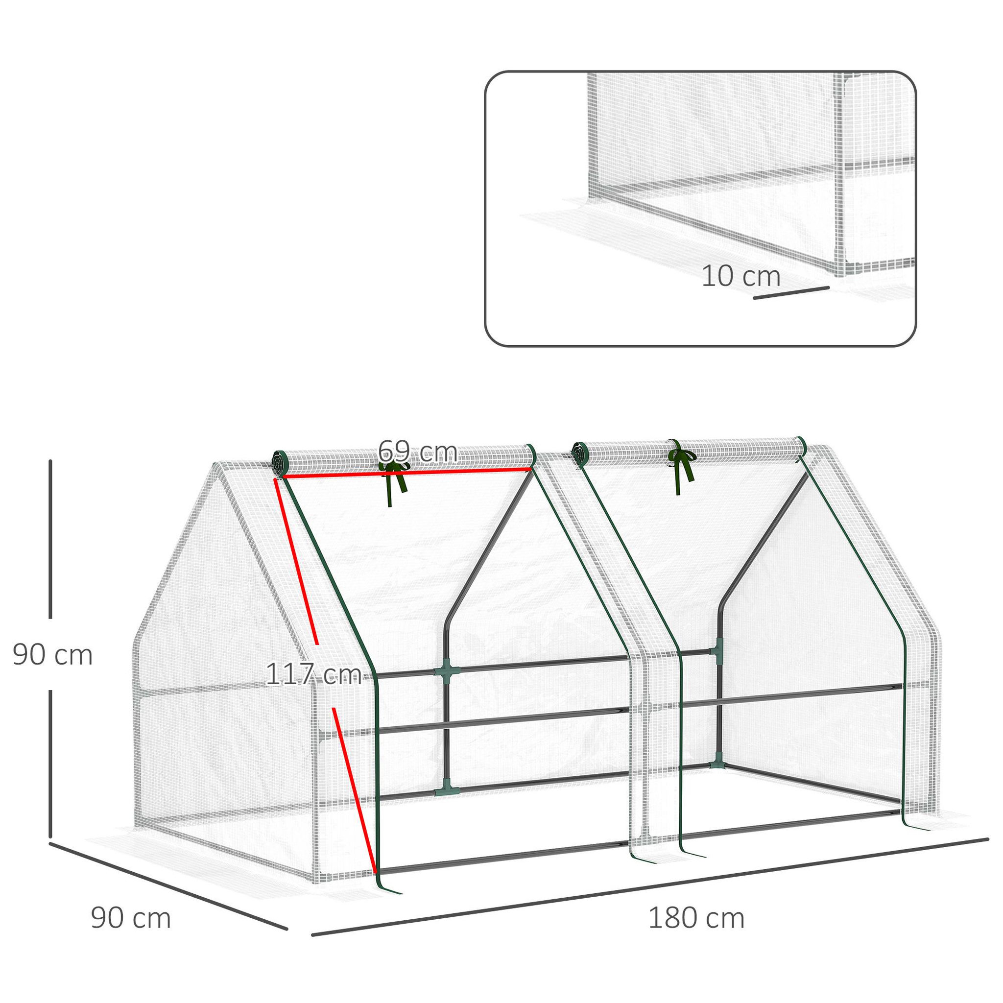 Voir la diapositive 3 : OUTSUNNY Serre de jardin tunnel 2,5l x 1l x 0,8h m grande porte zippée bâche pvc transparent métal époxy vert